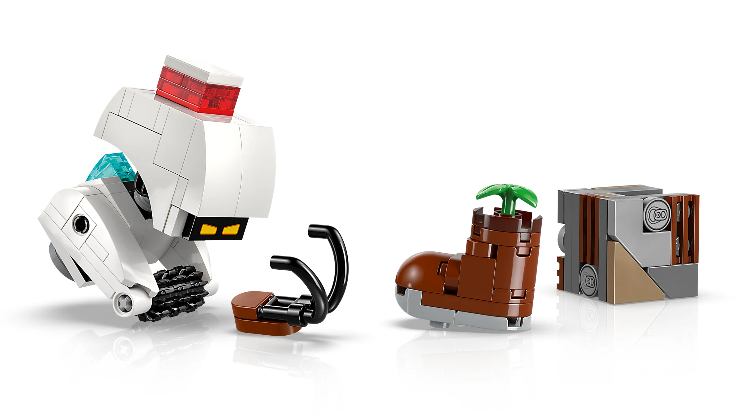 Imagine cu detaliile setului LEGO WALL-E și EVE: WALL-E, cutia, planta din cizmă.