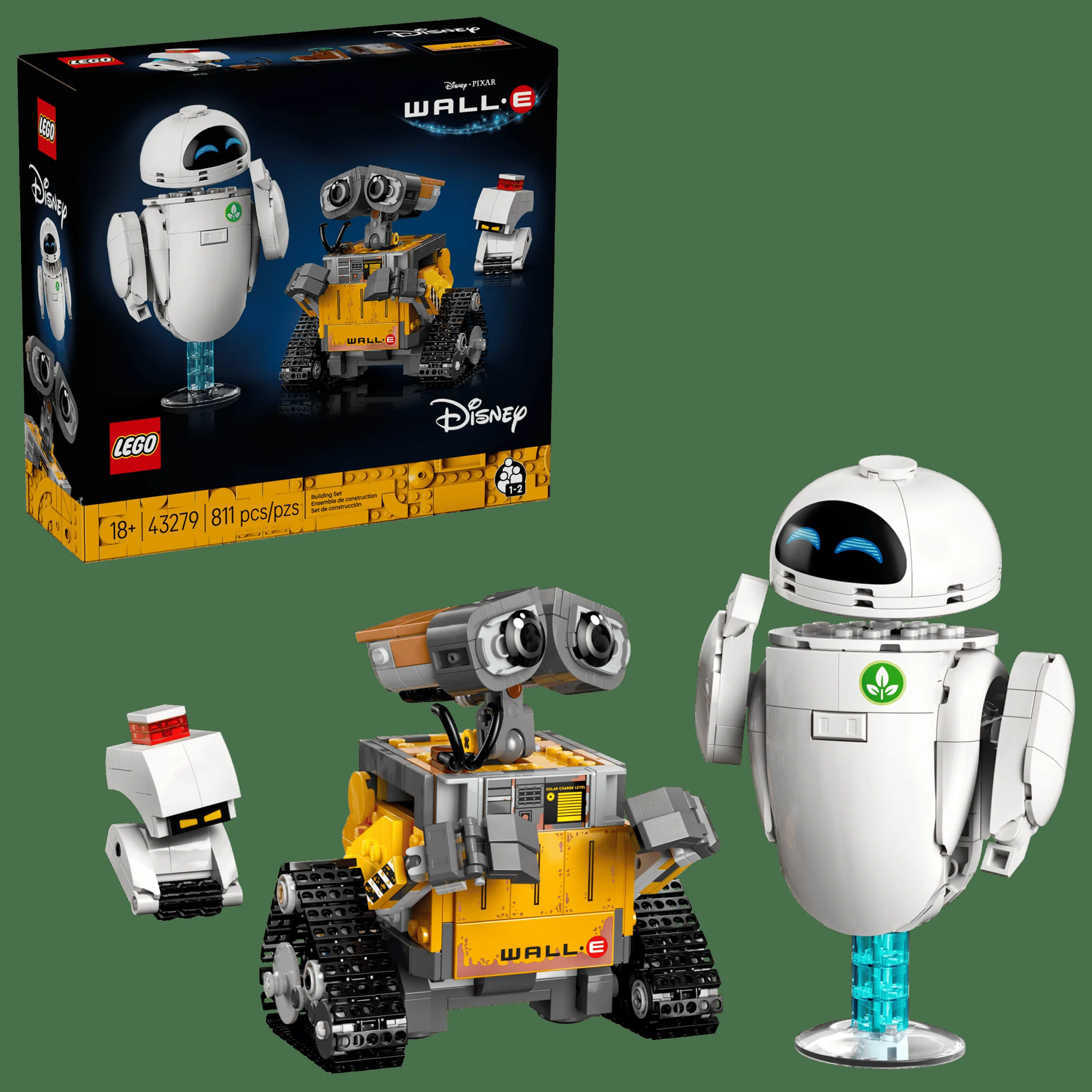 Imagine cu setul LEGO 43279 WALL-E și EVE, inclusiv cutia și modelele asamblate. WALL-E și EVE sunt bine evidențiați.