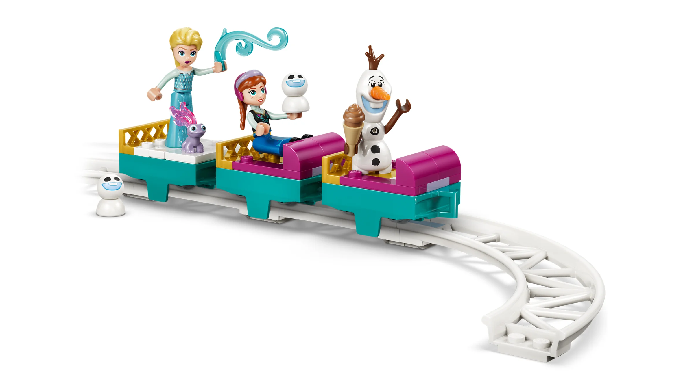 Elsa, Anna și Olaf se distrează într-o aventură cu sania de gheață. Minifigurine colorate și distractive.