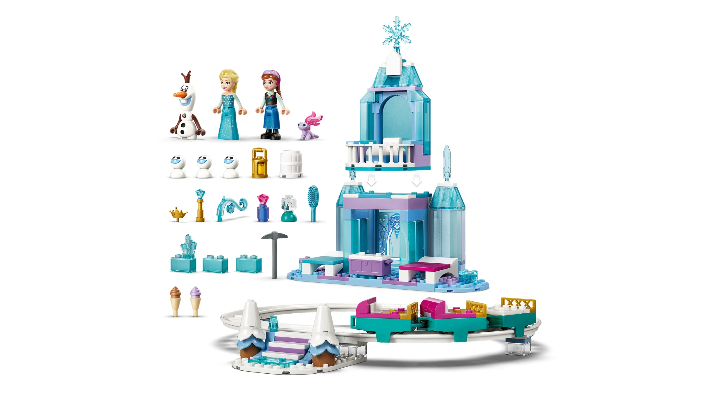 Prezentare a setului LEGO Disney 43281: Castelul de Gheață al Elsei și Aventură cu Sania. Include minifigurine și elemente constructive.