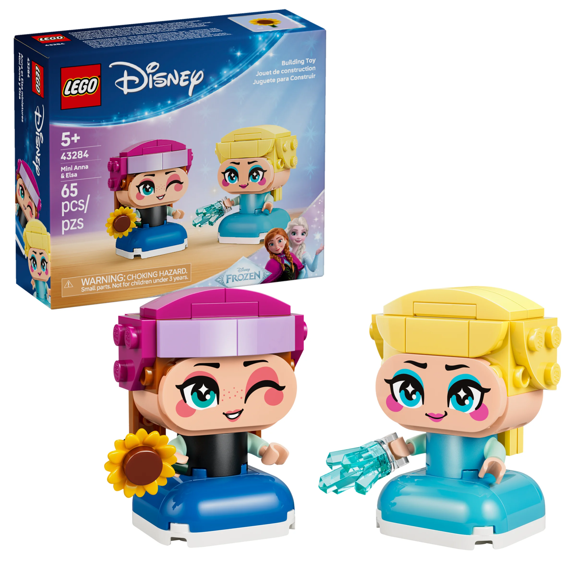 Imagine cu setul LEGO 43284 Mini Anna și Elsa și cutia. Vedere detaliată a personajelor.