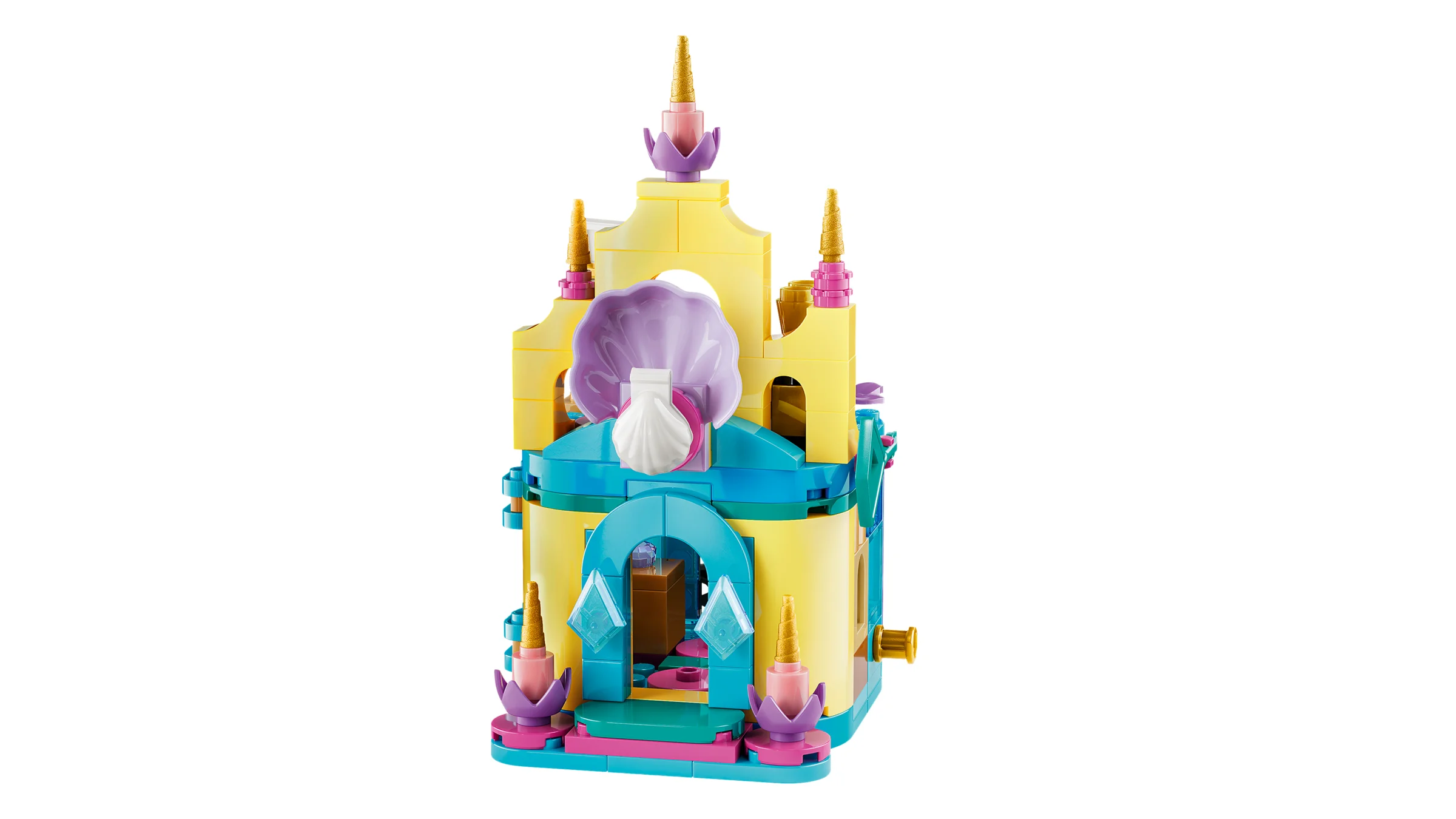 Mini-palatul magic al lui Ariel, un model LEGO colorat și detaliat cu scoici și turnulețe.