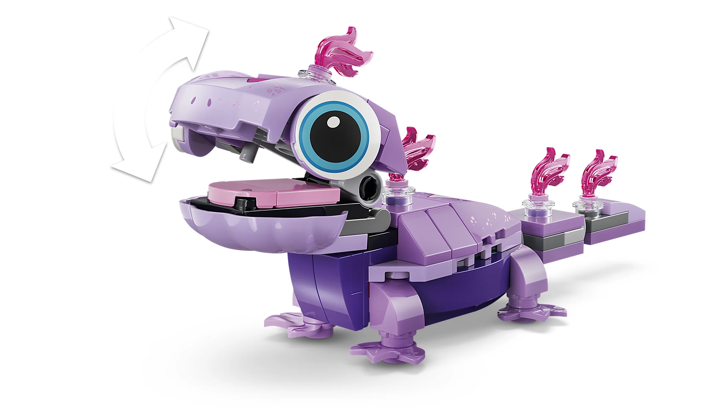 Bruni LEGO detaliat, cu cap mobil și flăcări roz. Jucărie atractivă pentru fanii Disney.