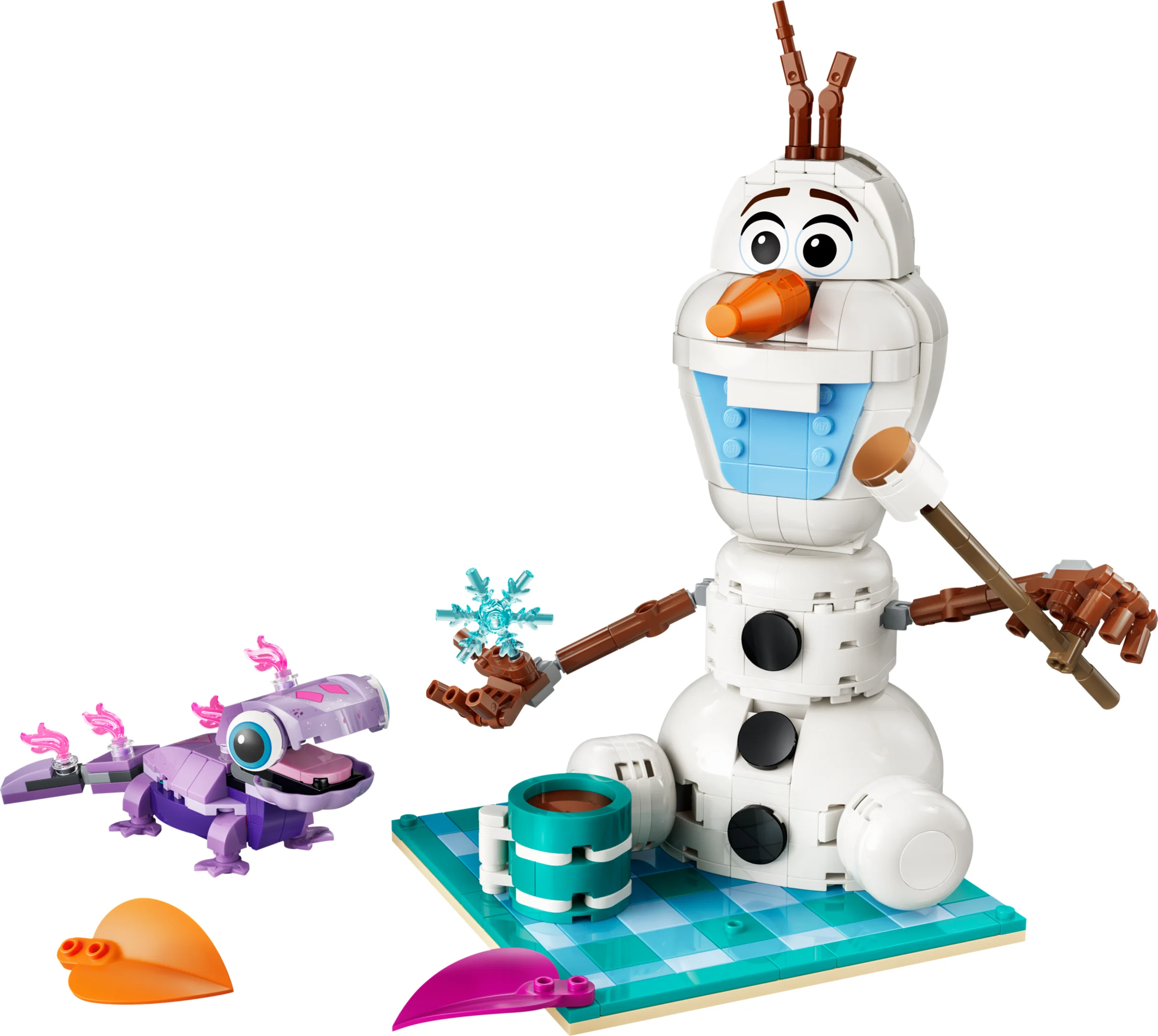 Olaf și Bruni la picnic! Imagine cu personajele LEGO Olaf și Bruni, cu detalii de picnic.