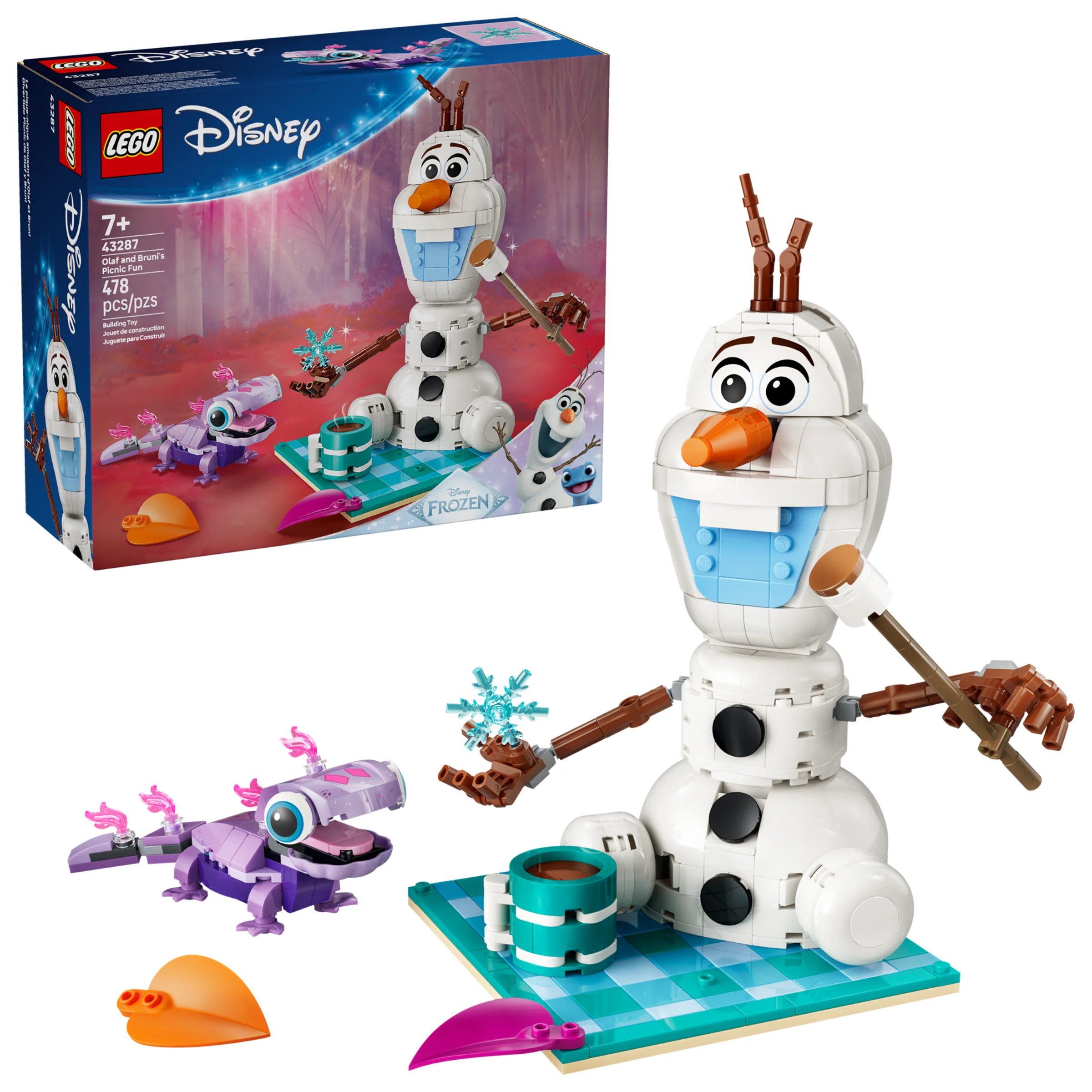 Imagine cu setul LEGO Disney 43287, ce-i prezintă pe Olaf și Bruni la picnic. Un cadou încântător!