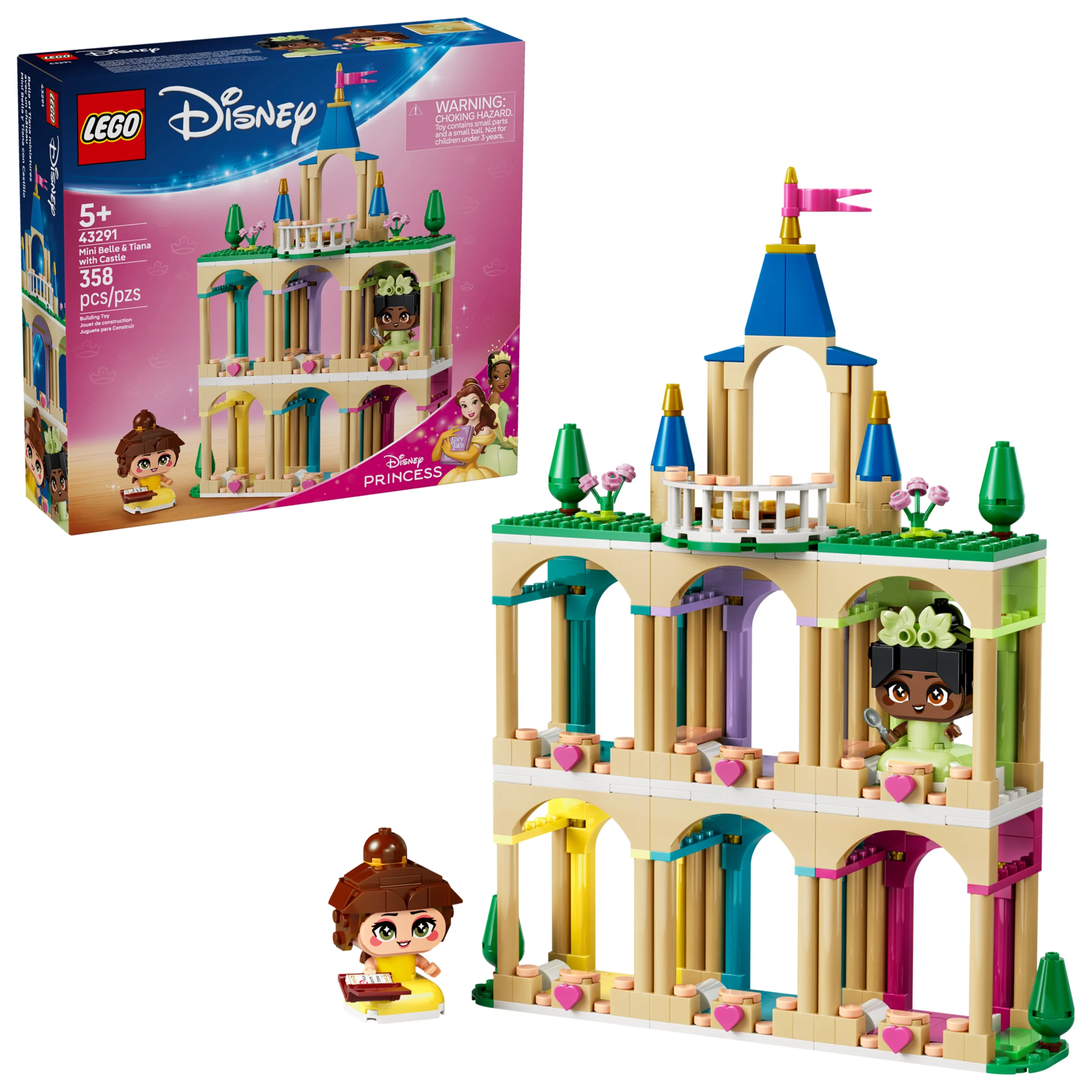 Setul LEGO Disney 43291 Mini Belle și Tiana cu castel, prezintă minifigurinele și castelul construit.