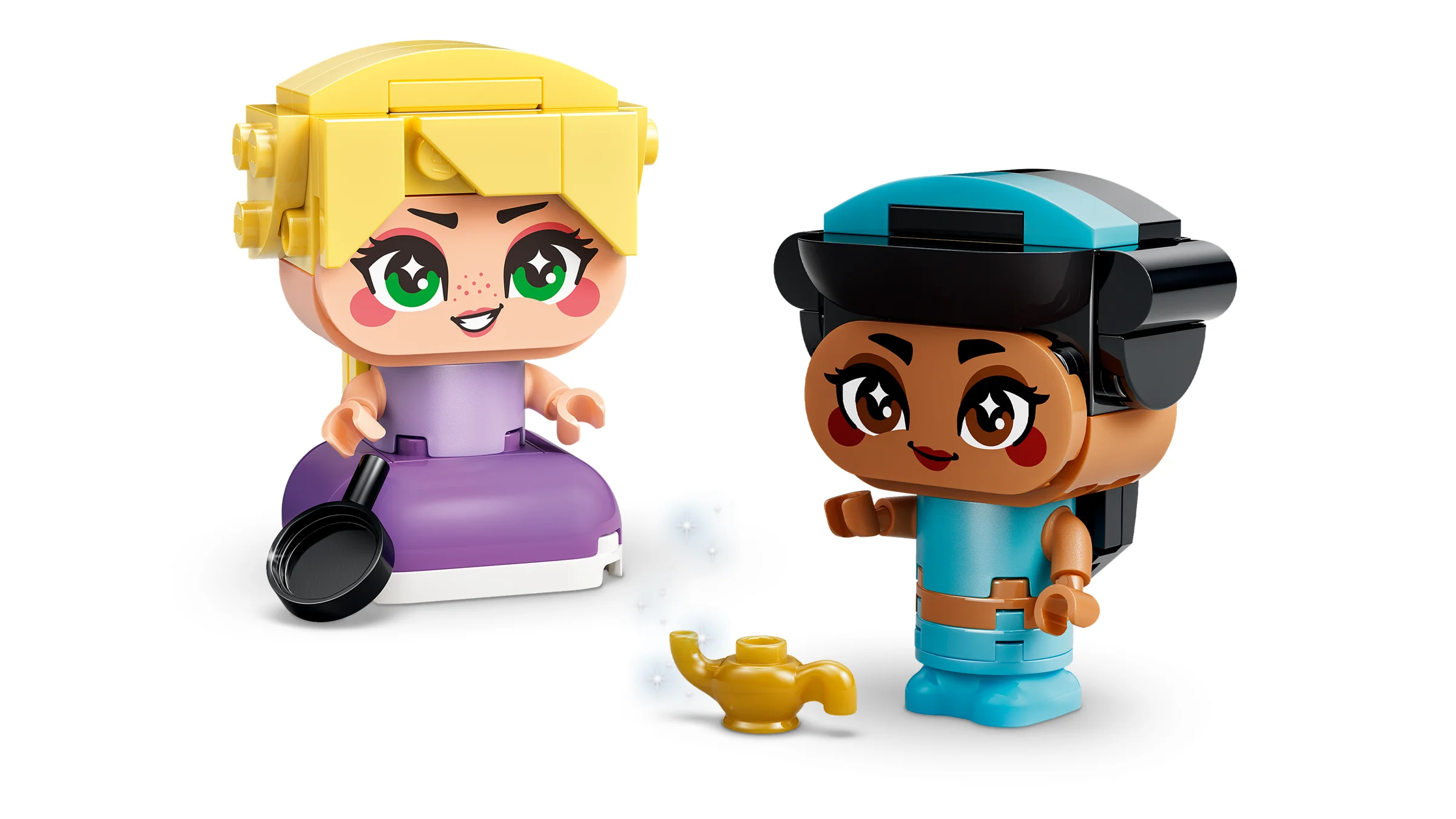 Imagine cu mini-figurinele LEGO Jasmine și Rapunzel din setul 43303, prezentând detaliile construcției.