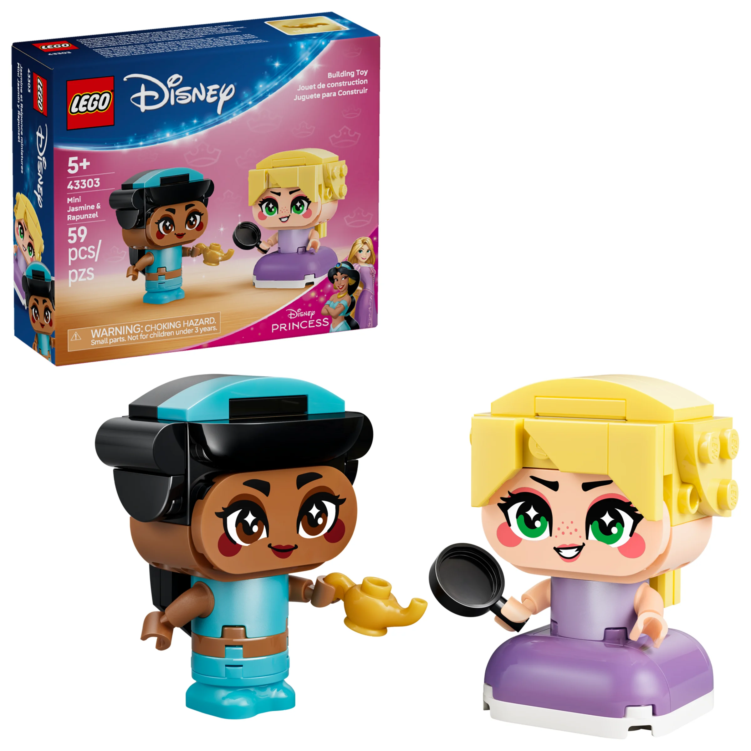 Setul LEGO 43303 Mini Jasmine și Rapunzel, cu minifigurinele detaliate și cutia produsului.