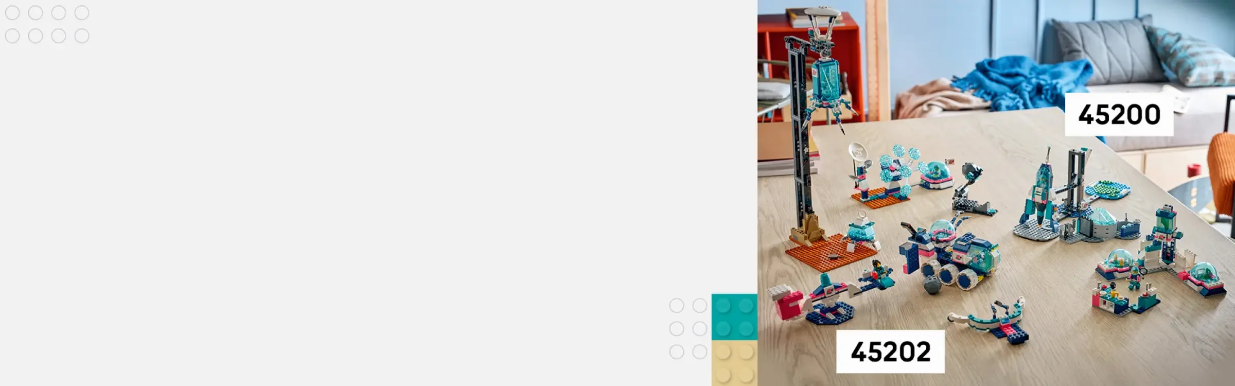 Setul LEGO 45200 prezintă diverse construcții tematice cu explorarea lunară.