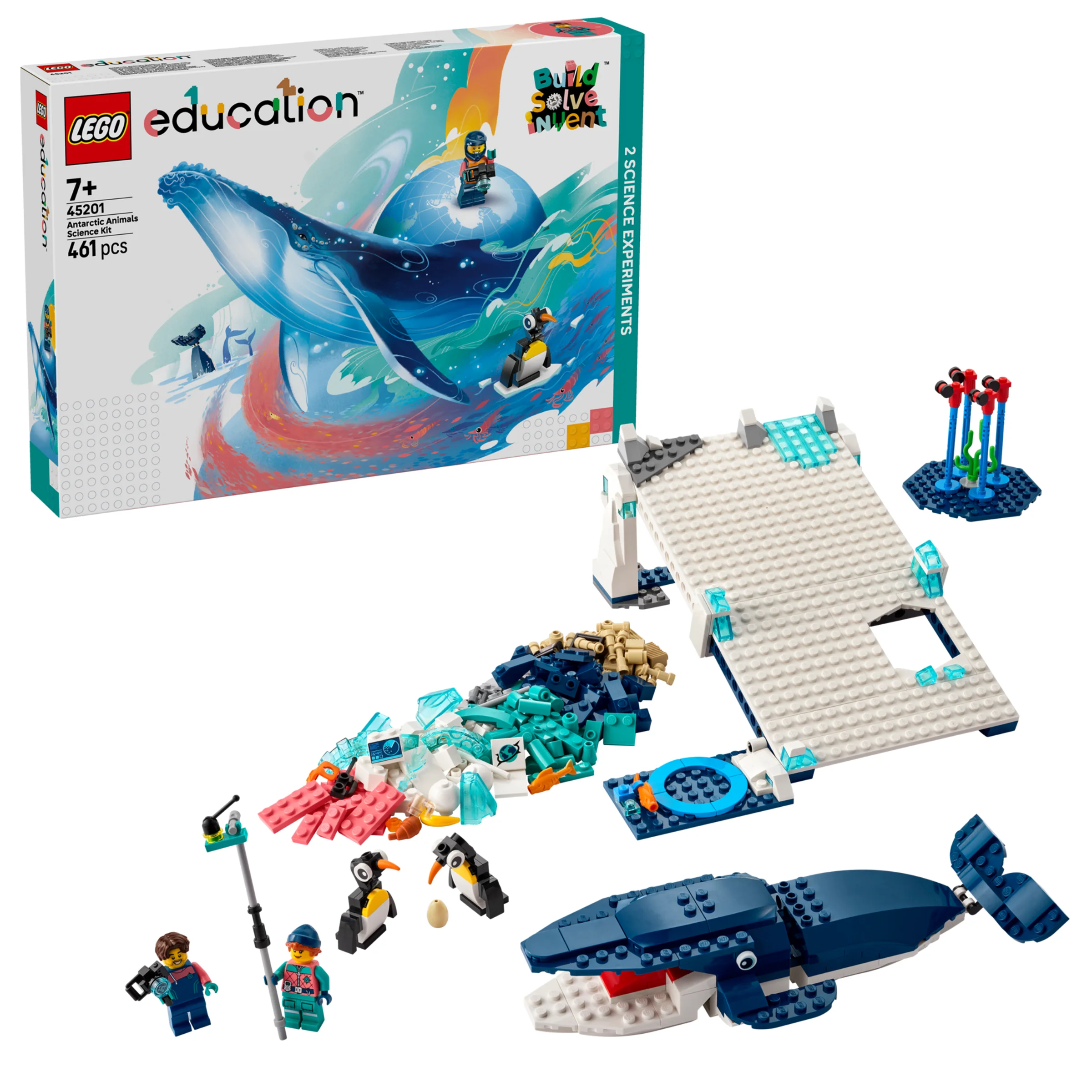 Set LEGO 45201, cu animale antarctice, cutie și modele construite, inclusiv balenă și iceberg.