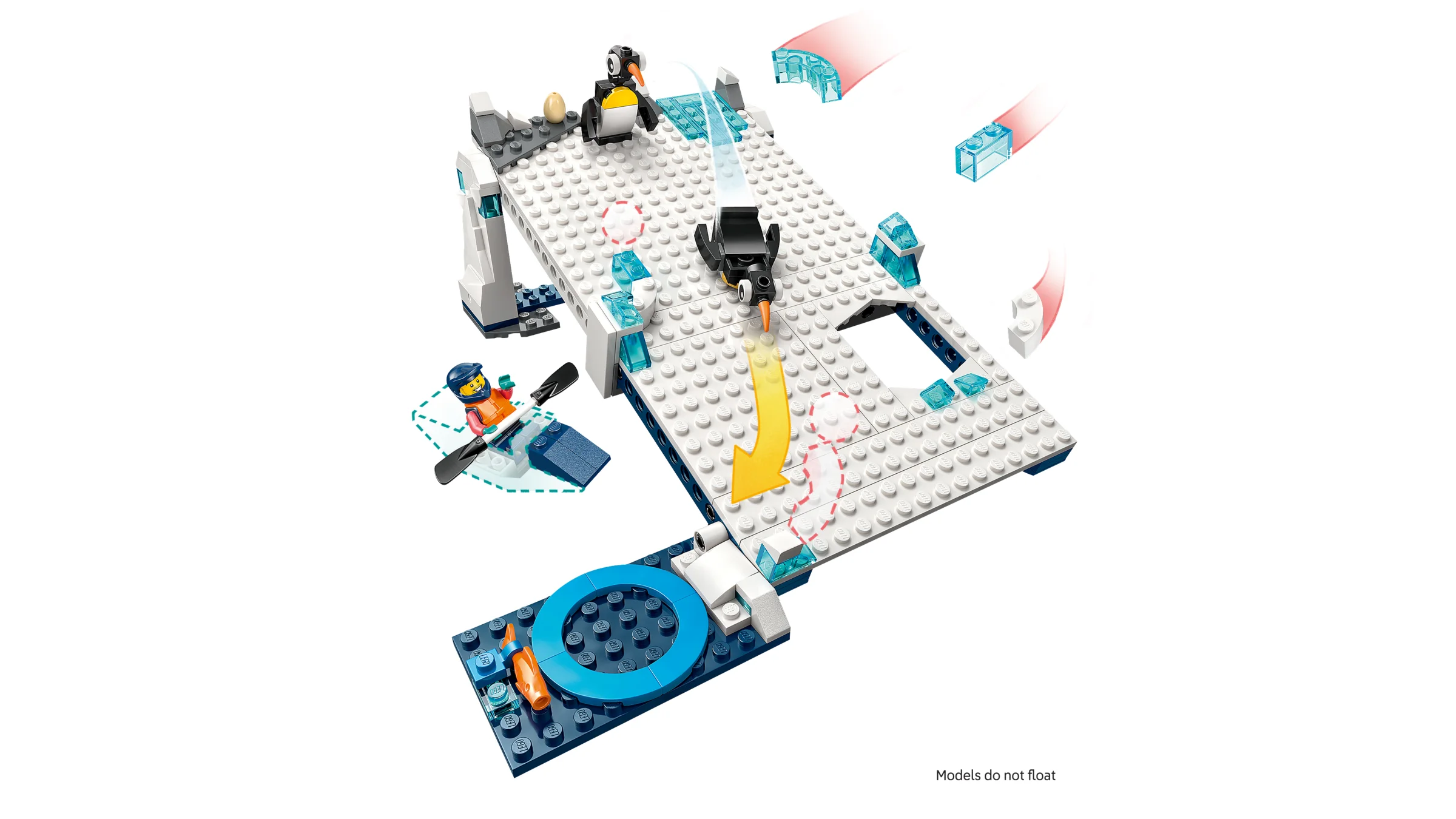 Modelul LEGO prezintă o scenă antarctică cu pinguini, cercetător și detalii interactive.