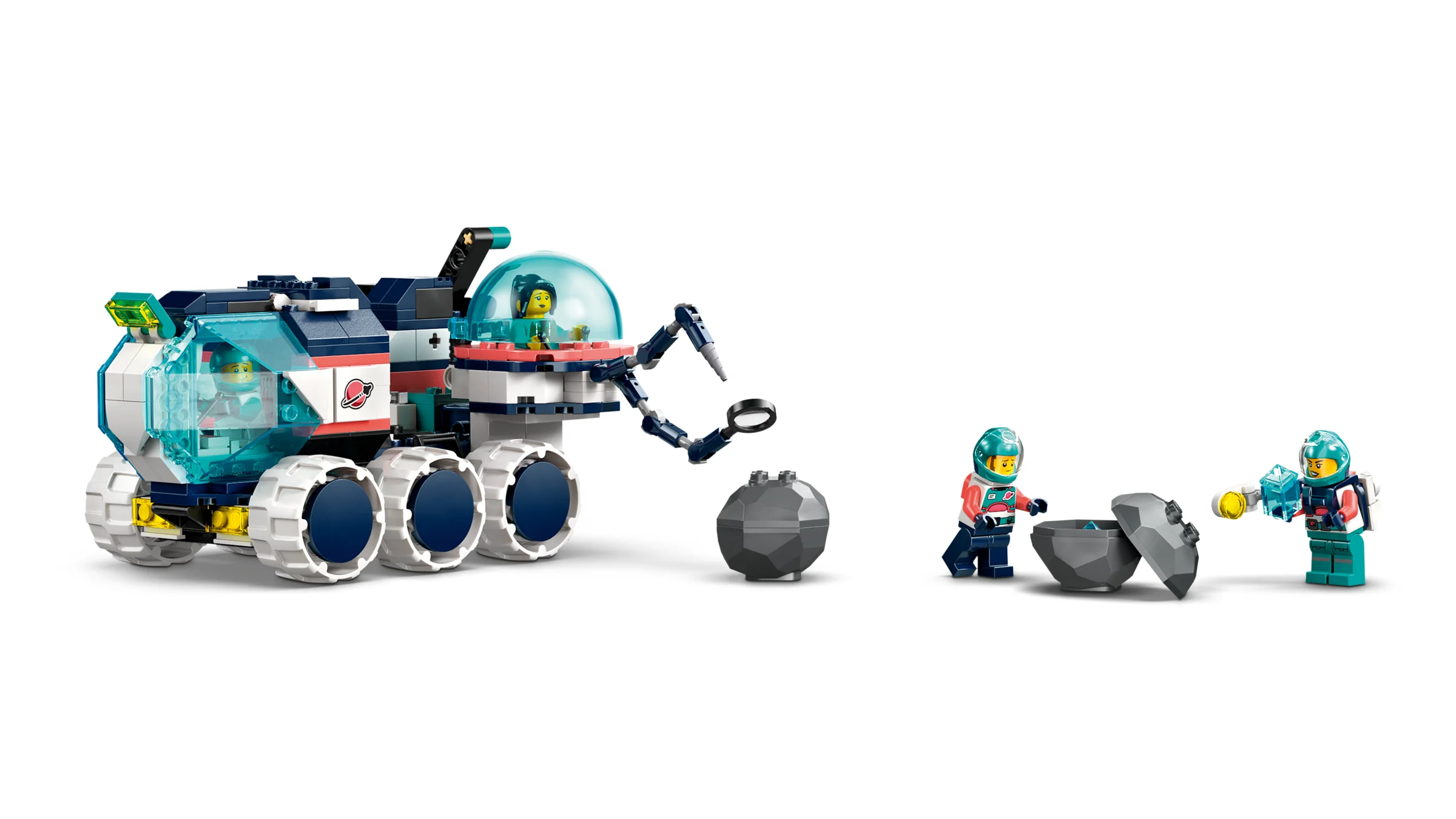 Rover marțian cu braț robotic și minifigurine de exploratori. Distracție și învățare pe Marte!