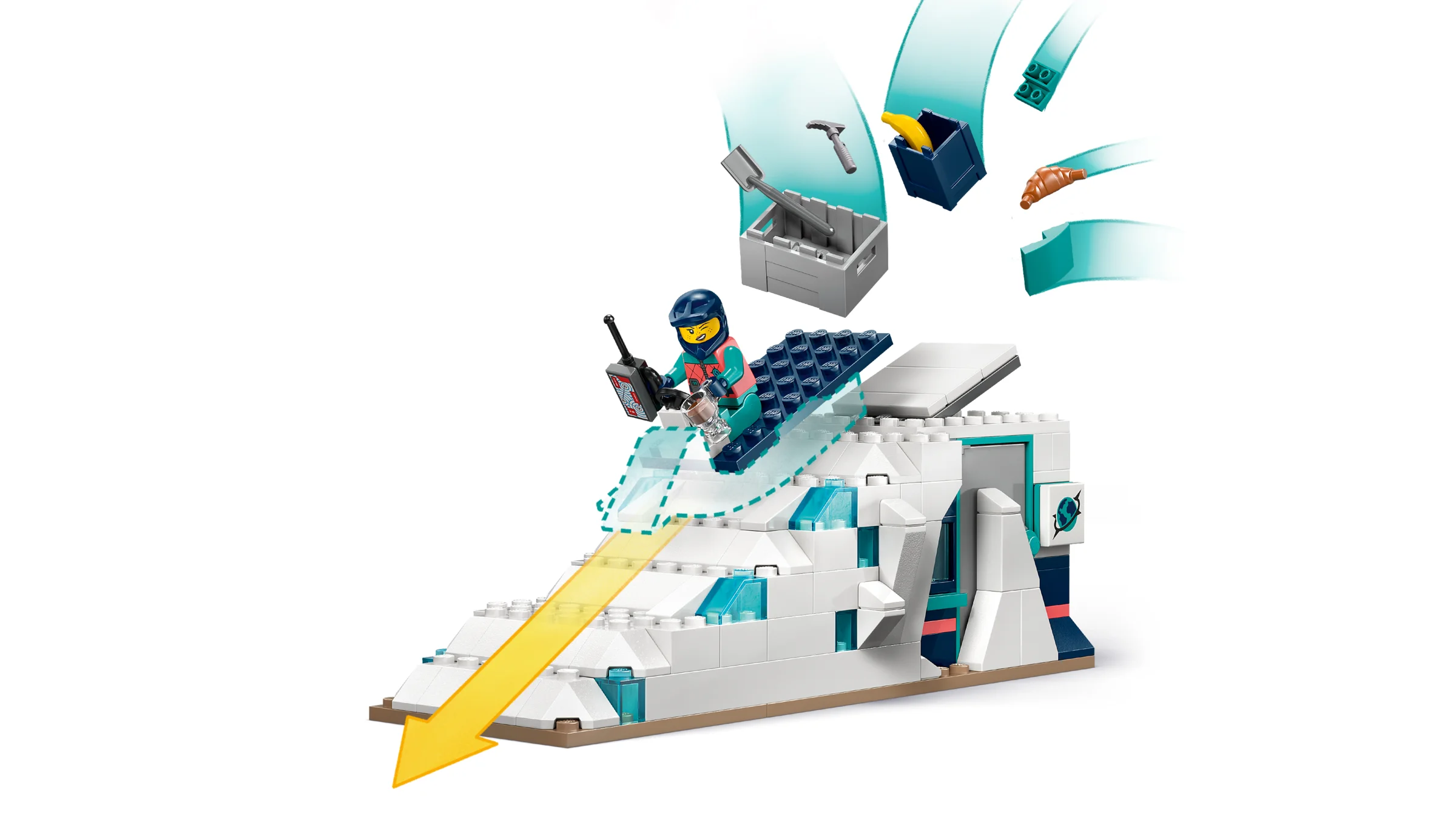 Imagine cu modelul LEGO Arctic Animals Science Kit: bază arctică, minifigurină și accesorii.