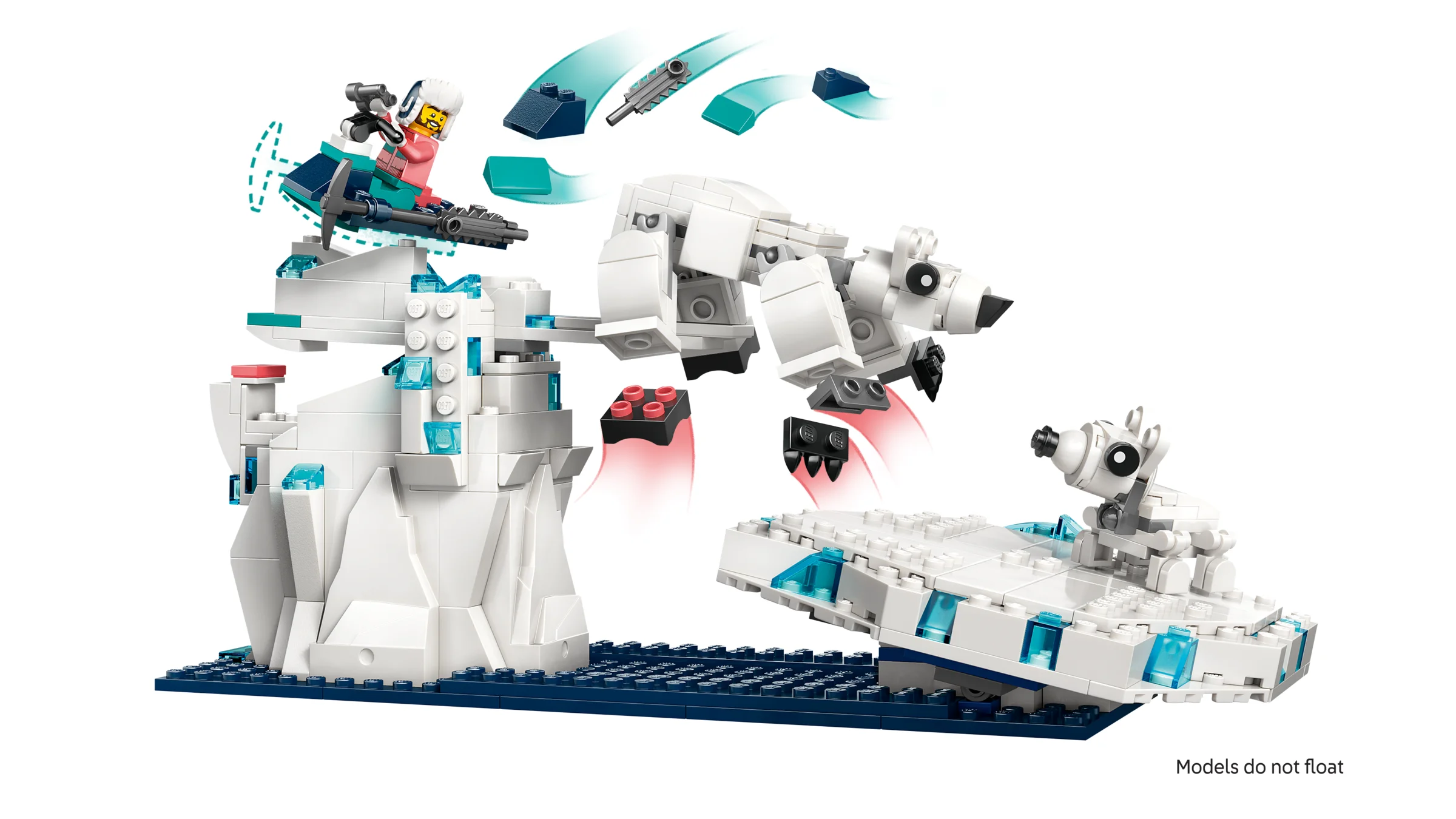 Setul LEGO 45203 prezintă animale arctice și un explorator pe o scenă din gheață.