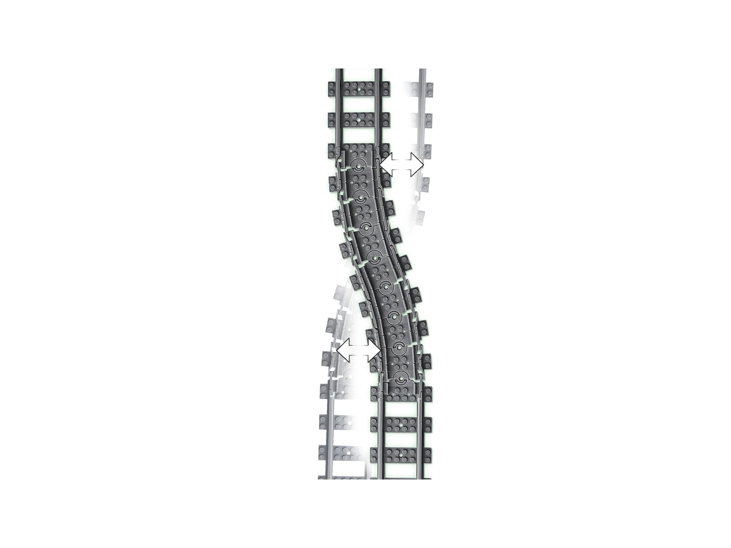 Imagine detaliată a șinelor LEGO City 60205. Șine flexibile, ajustabile pentru diferite configurații.