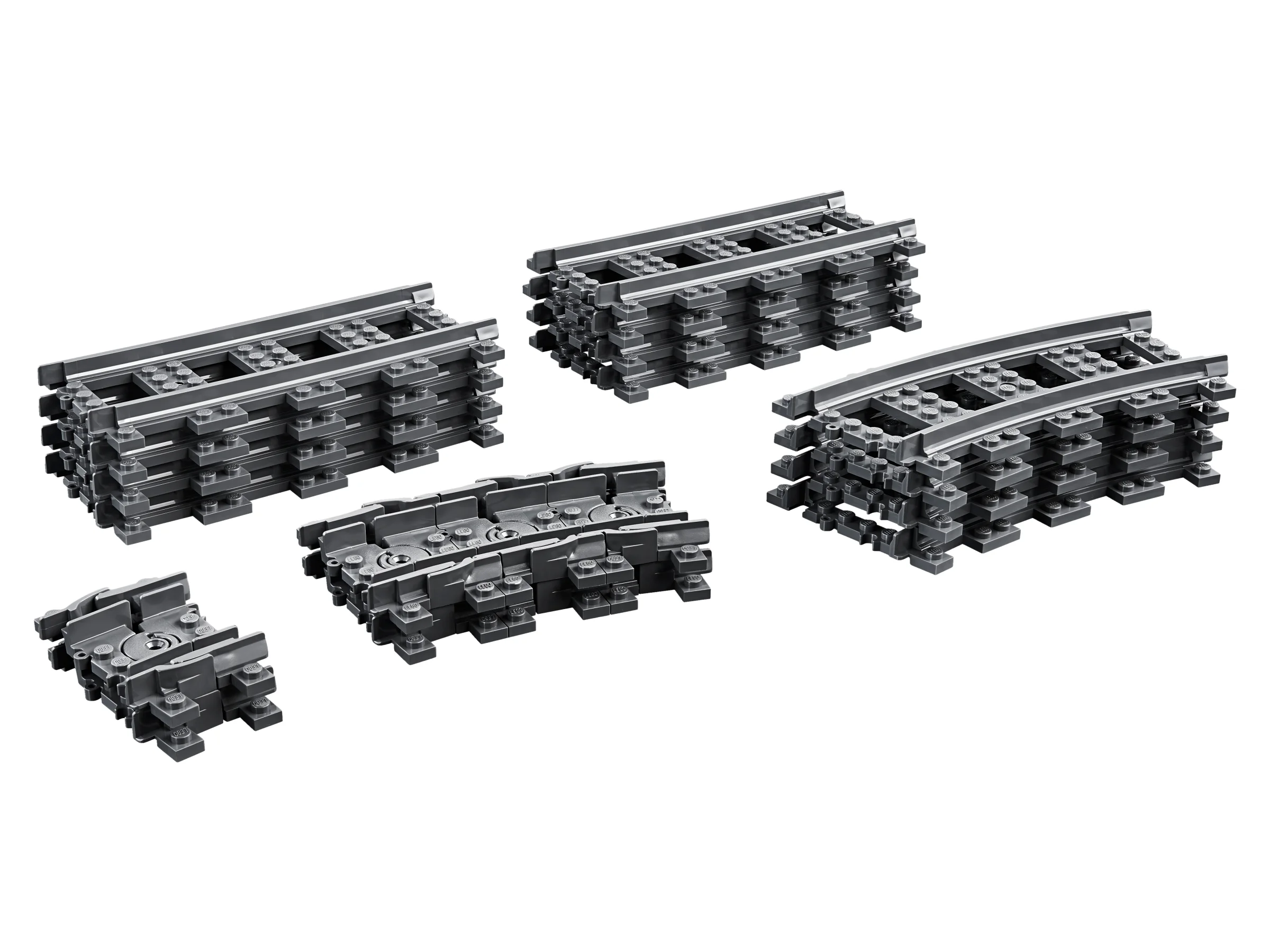 Imagine cu elemente de șine LEGO, drepte și curbe, pentru trenulețul LEGO City.