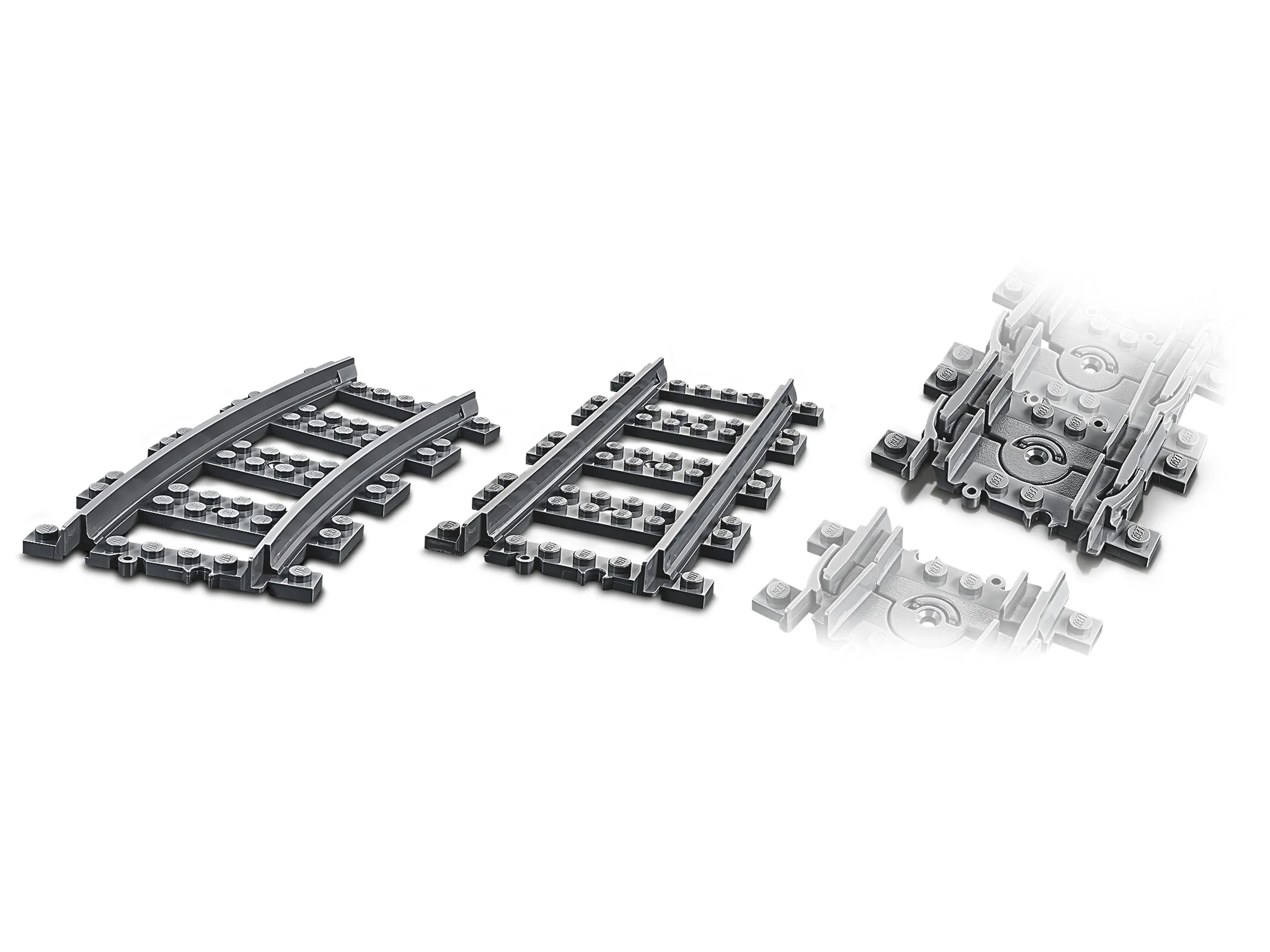 Imagine cu șine LEGO. Setul 60205 oferă flexibilitate în construcția circuitelor feroviare.