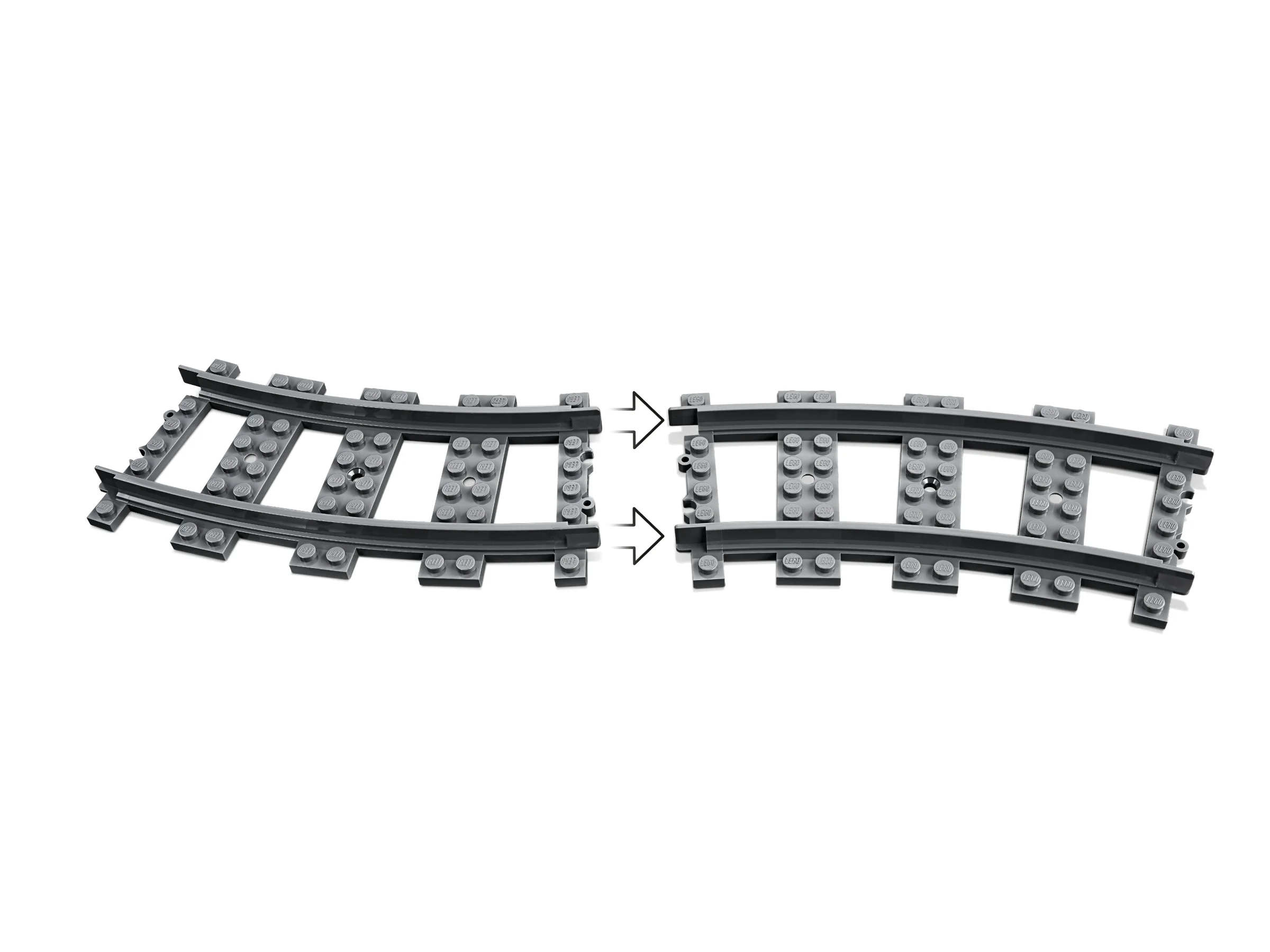 Imagine cu șine de tren LEGO, modelul 60238. Șinele sunt gri și conectate cu săgeți.