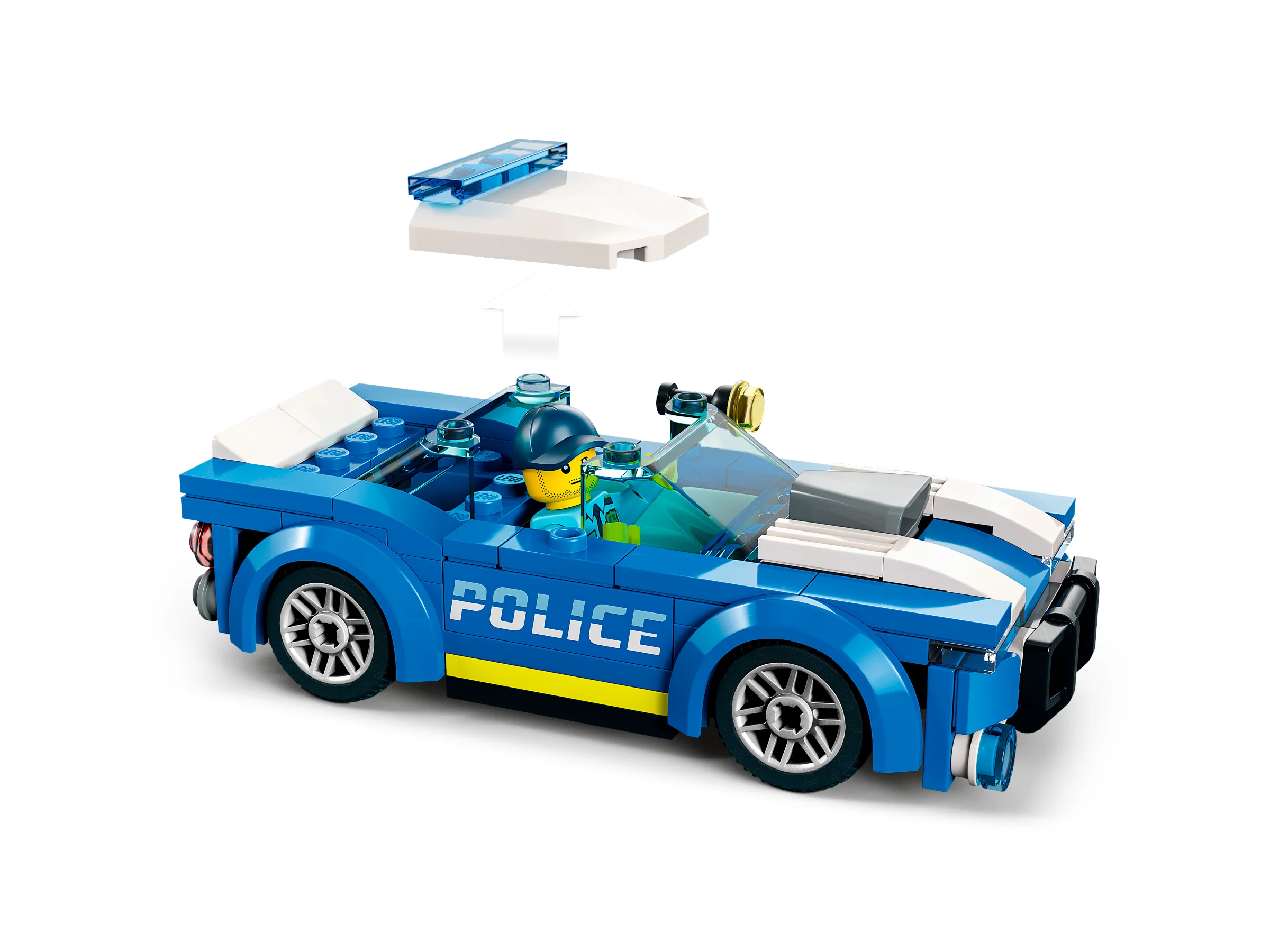 Mașină de poliție albastră, cu girofar detașabil. Ideală pentru joacă și aventuri urbane.