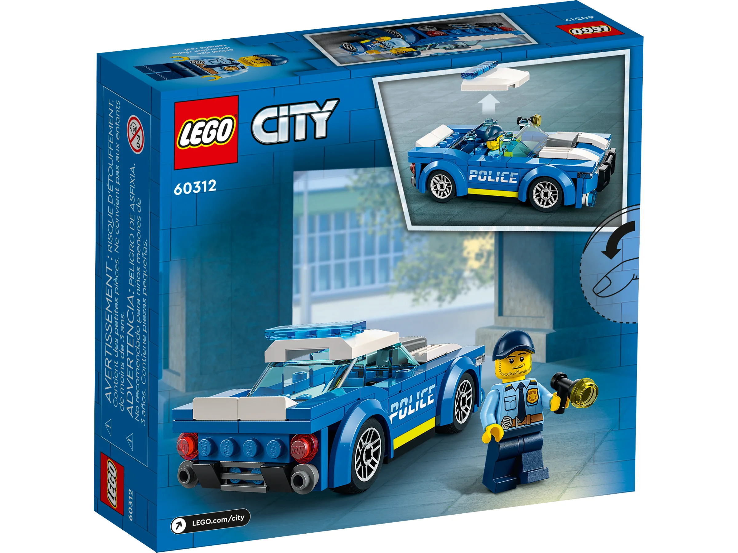 Imagine cu setul LEGO 60312 Mașina de Poliție. Include mașina albastră și o minifigurină de polițist.