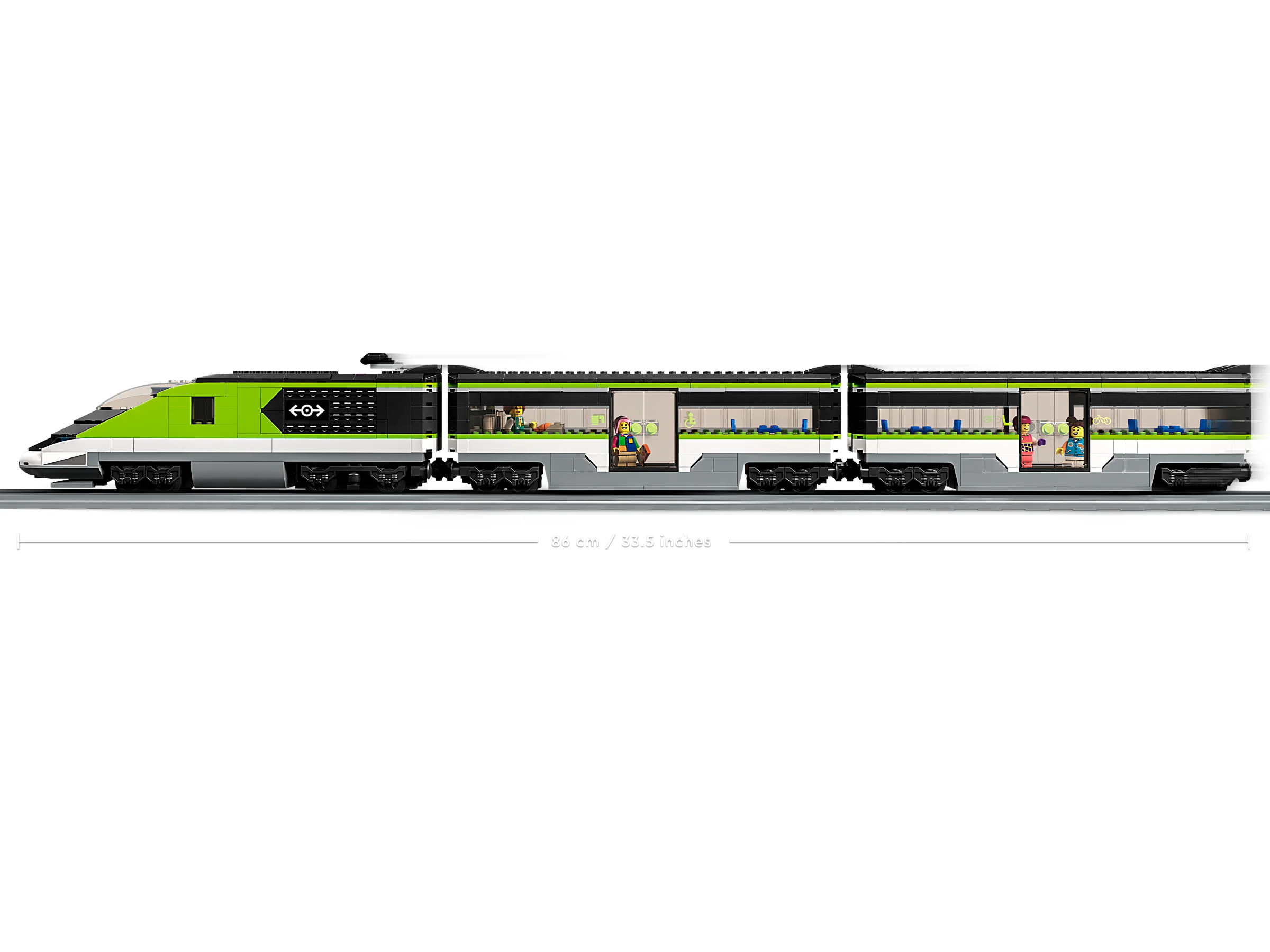 Imagine laterală a trenului de pasageri, verde și negru, lungime de 86 cm.