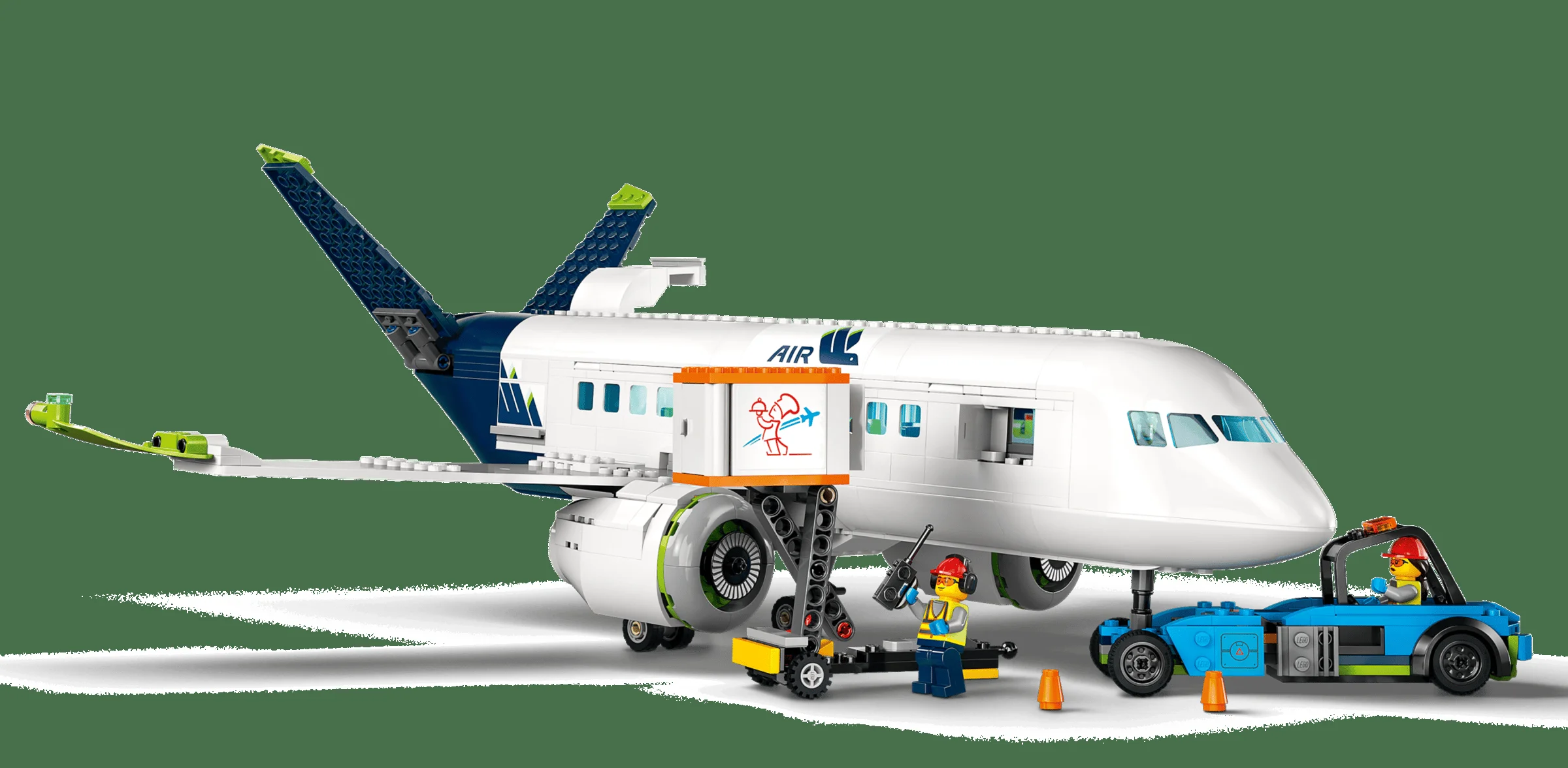 Avion de pasageri LEGO City cu cărucior de bagaje și mașină de remorcare. Set detaliat.