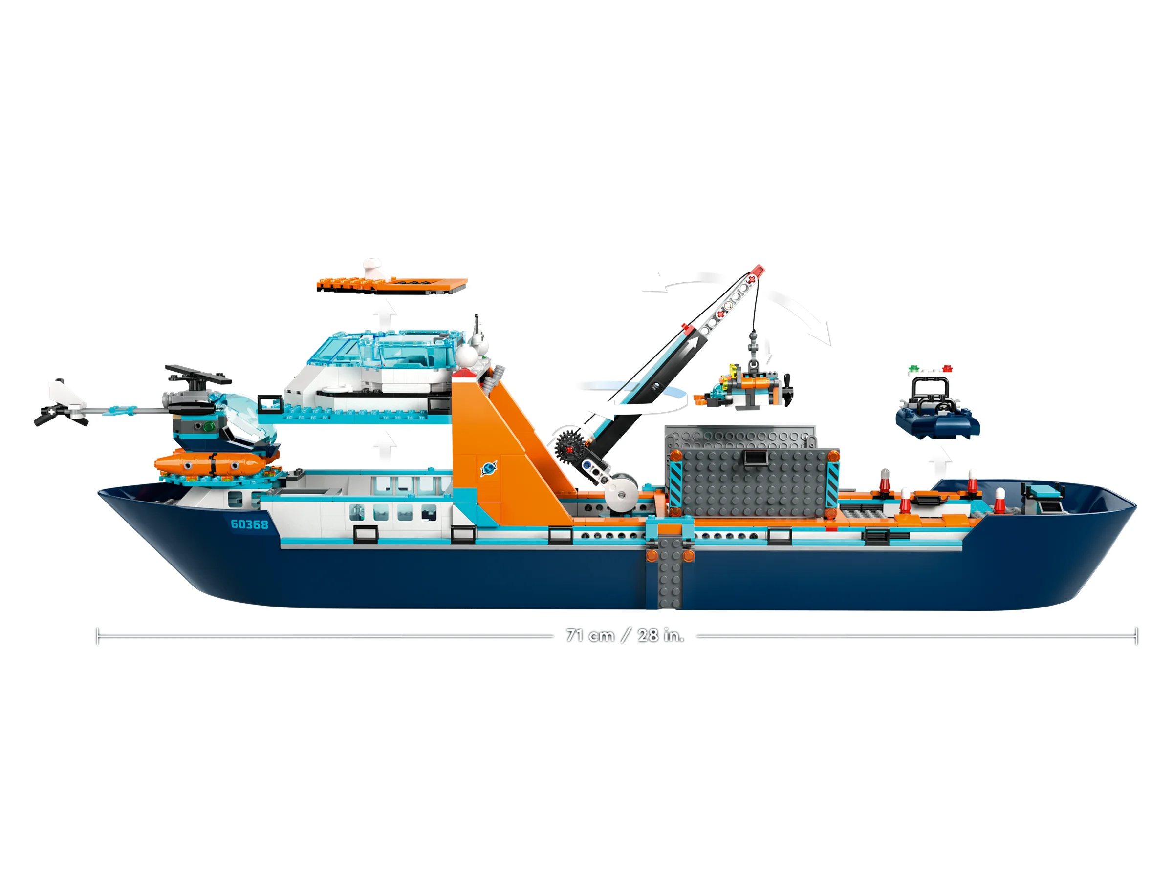 Navă de explorare arctică LEGO 60368, cu dimensiunile 71 cm lungime.