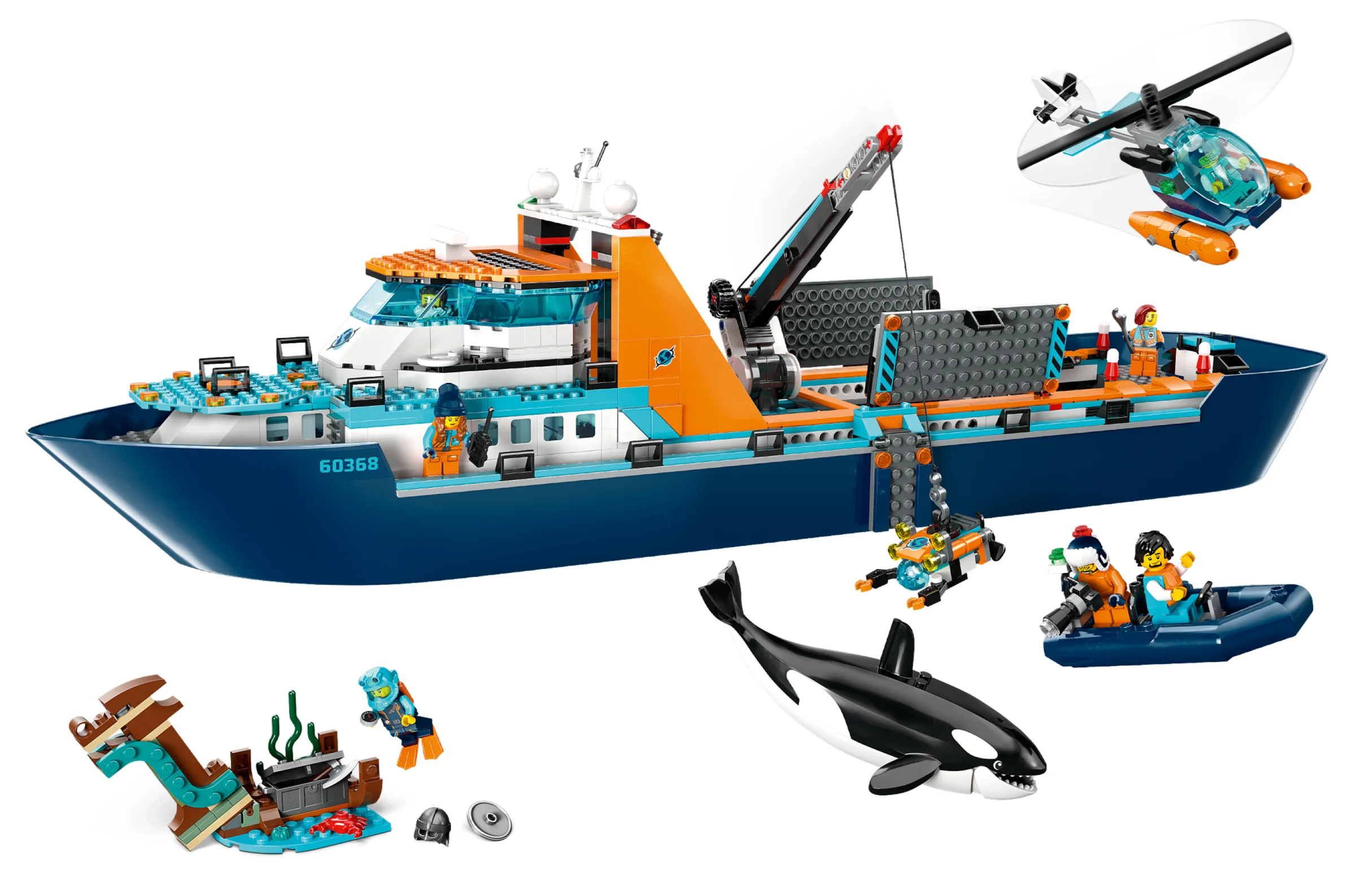 Imagine cu vaporul arctic LEGO City 60368 și minifigurinele, ideale pentru joacă și explorare.