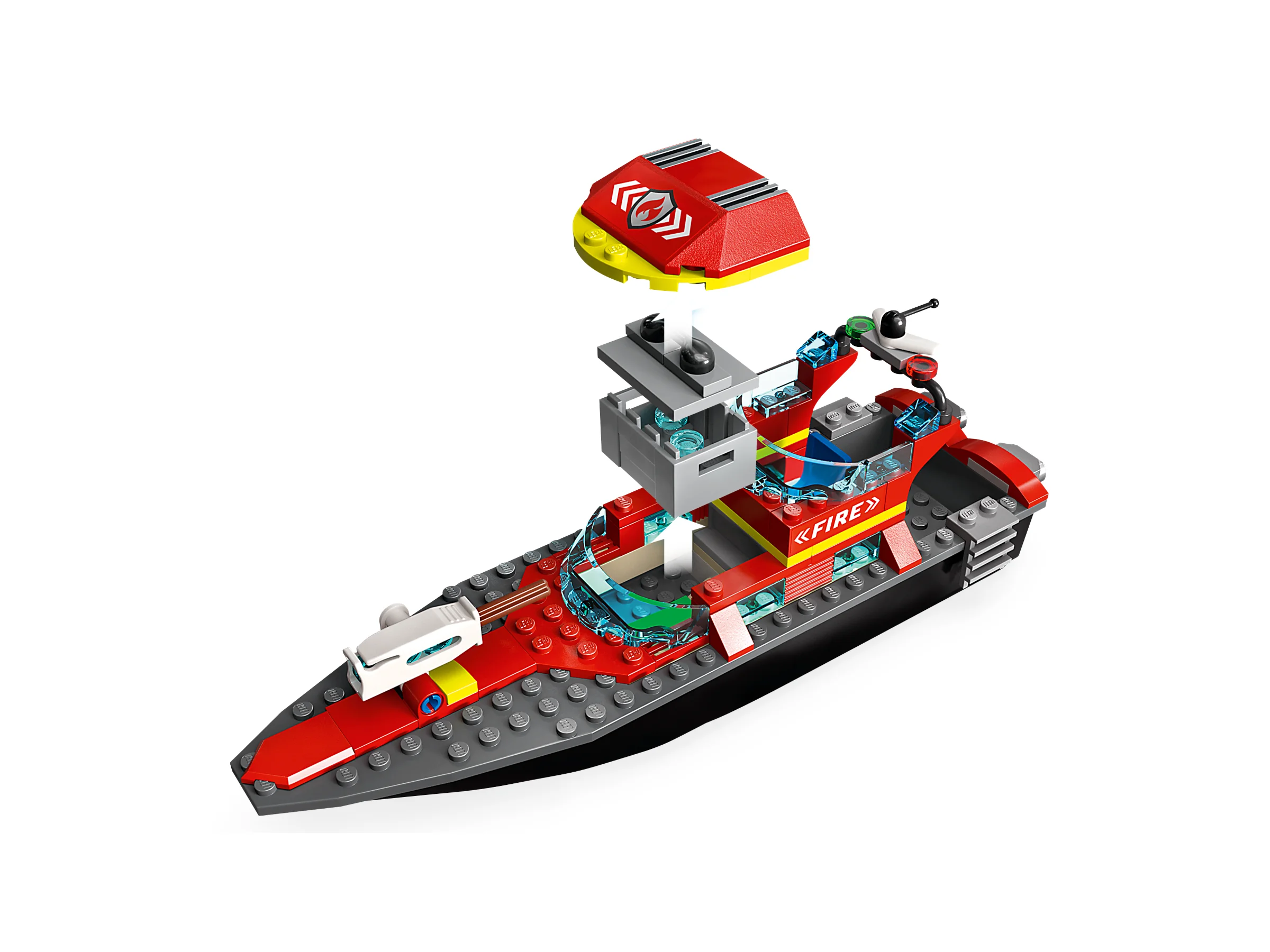 O vedere aeriană a bărcii de pompieri LEGO City 60373, cu elemente detașabile. Barcă roșie și gri.