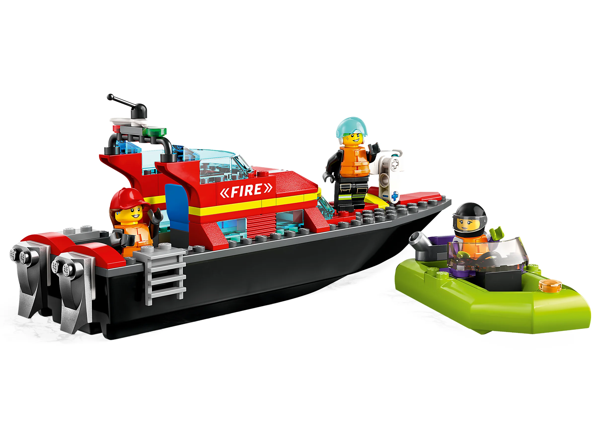 Imagine cu barca de pompieri LEGO City 60373, detaliată și pregătită pentru salvare.