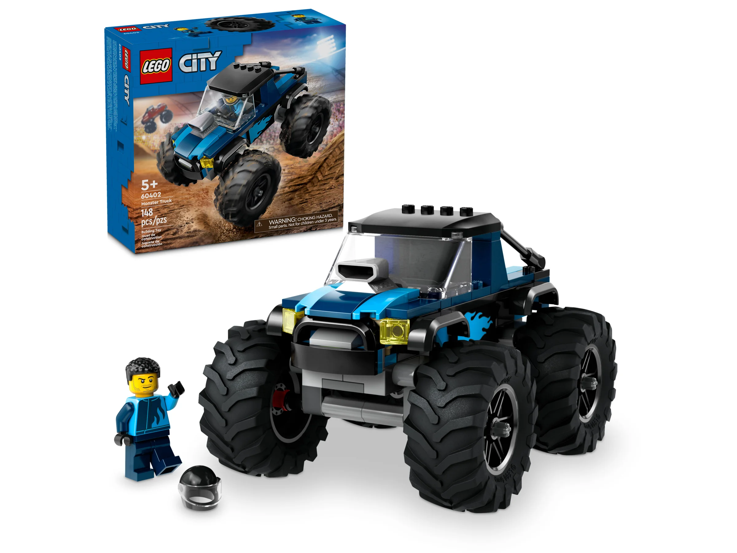 Imagine cu camionul monstru LEGO 60402 și cutia lui, plus o minifigurină și casca sa.