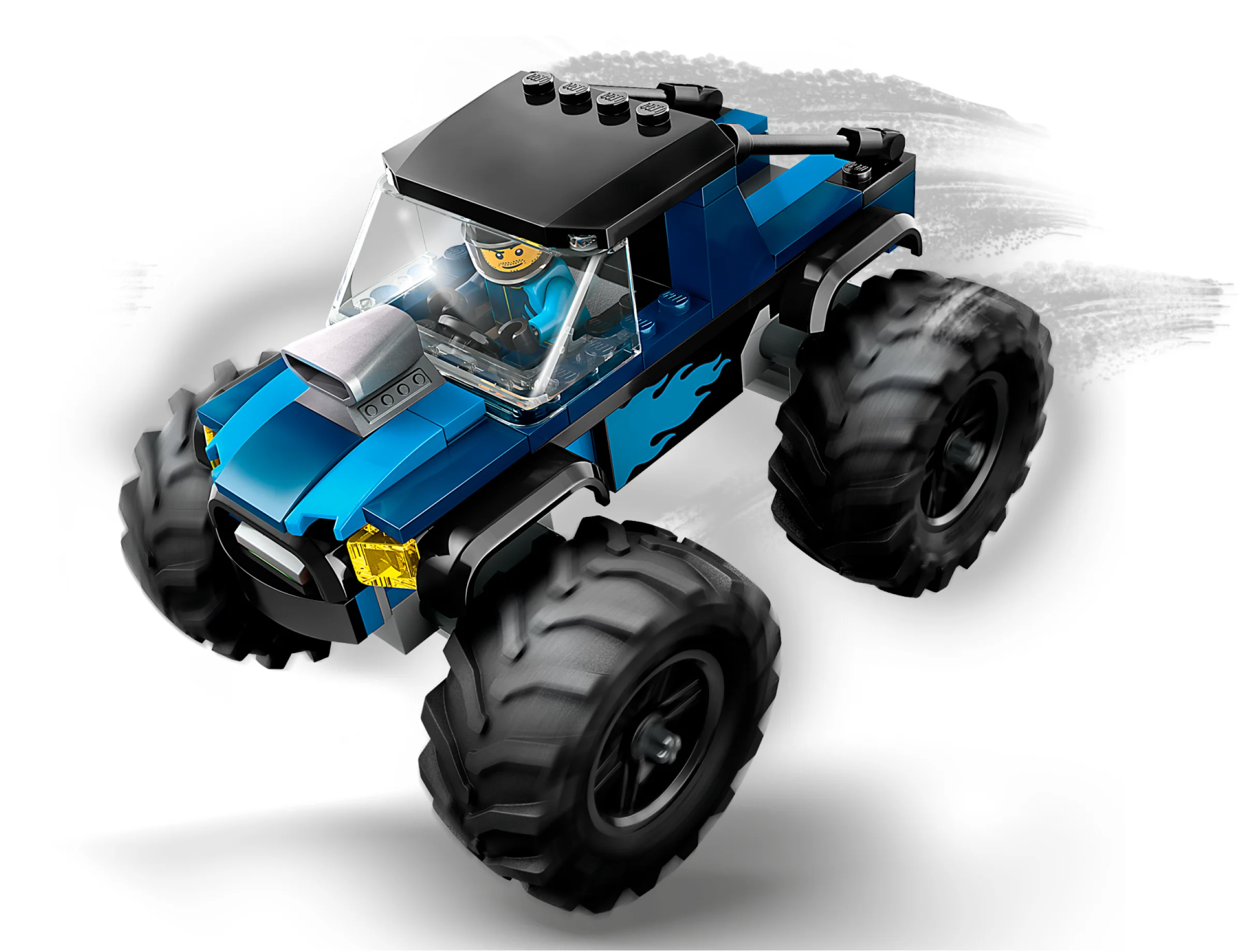Monster truck albastru cu șofer, gata de aventură! Anvelopele mari ies în evidență.