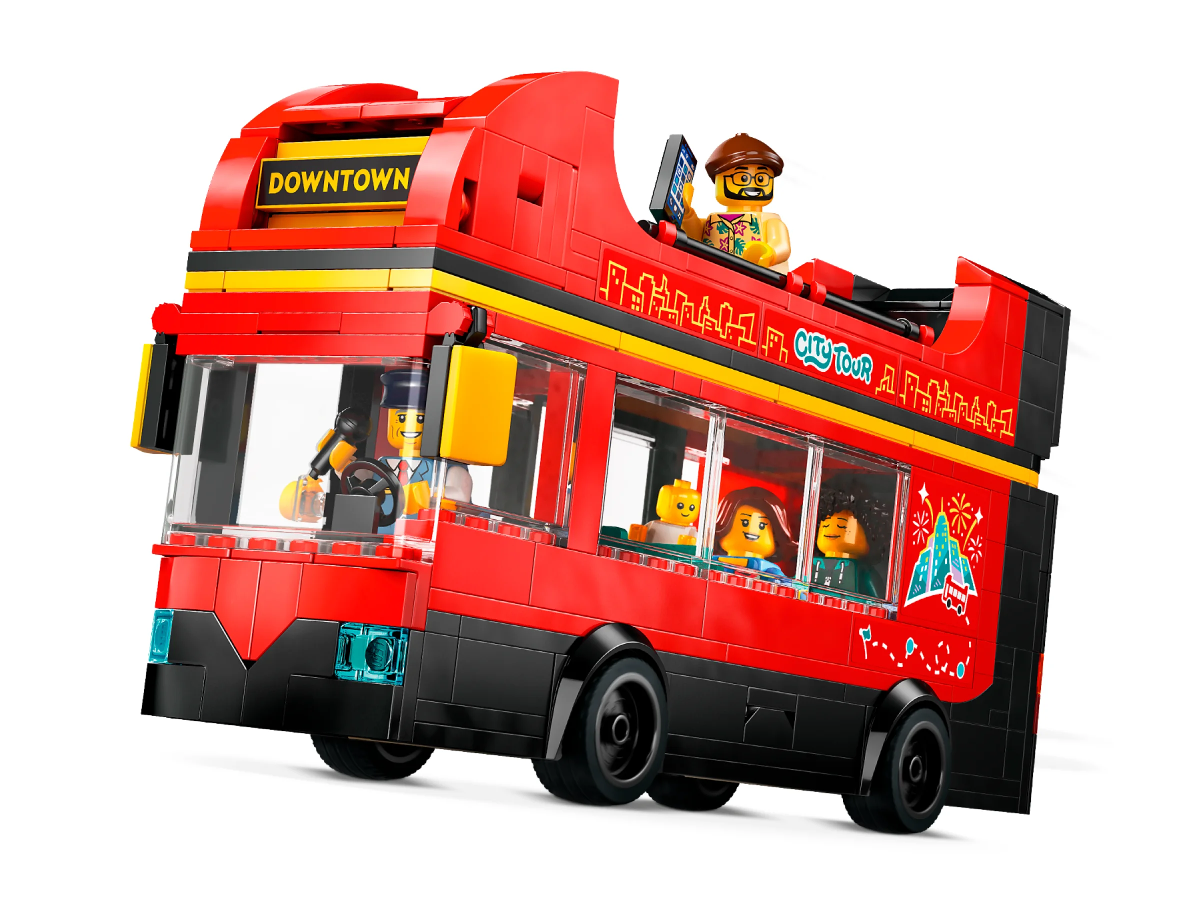 Autobuz roșu cu etaj, perfect pentru un tur al orașului. Include minifigurine pasageri și șofer.