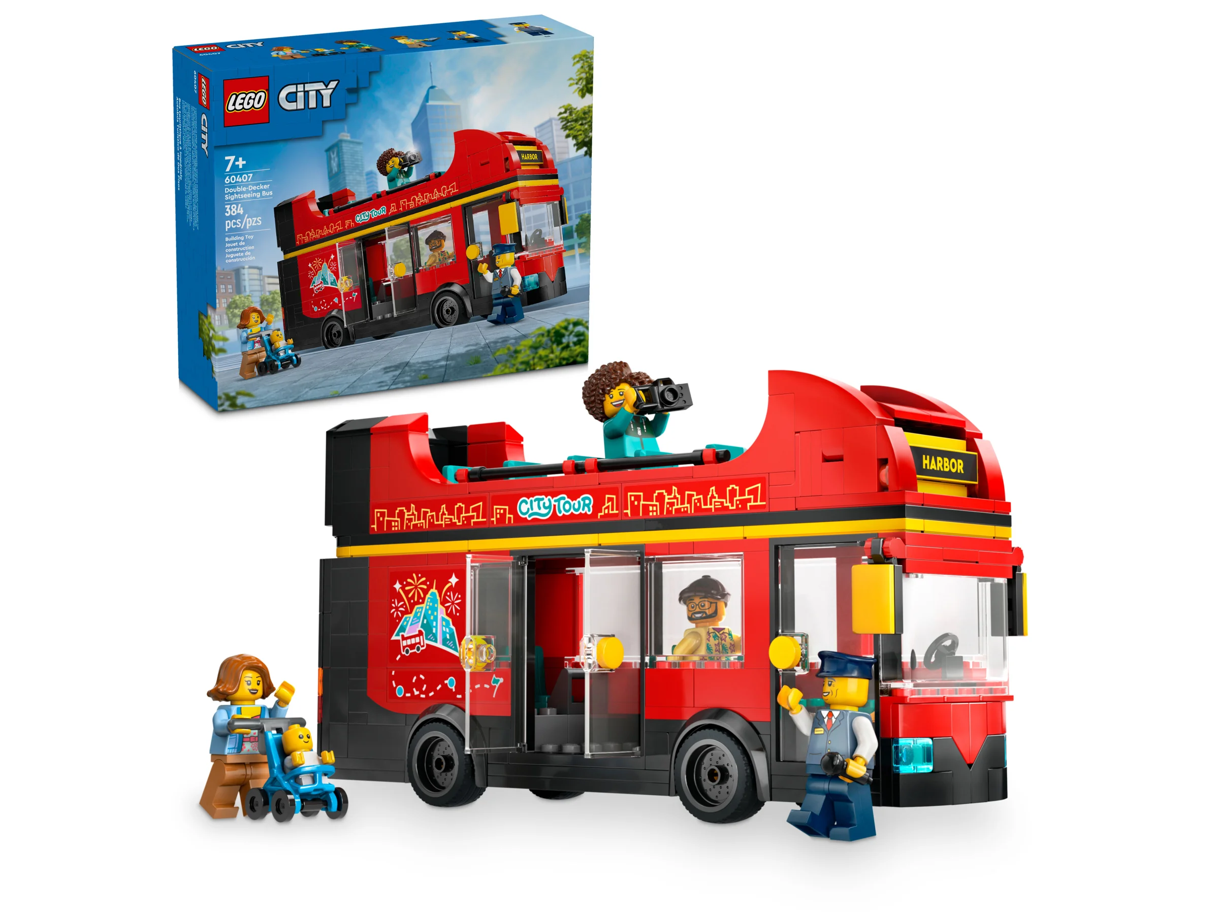 Imagine cu autobuzul turistic LEGO 60407, cu minifigurine și cutia produsului. Ideal pentru fani LEGO.