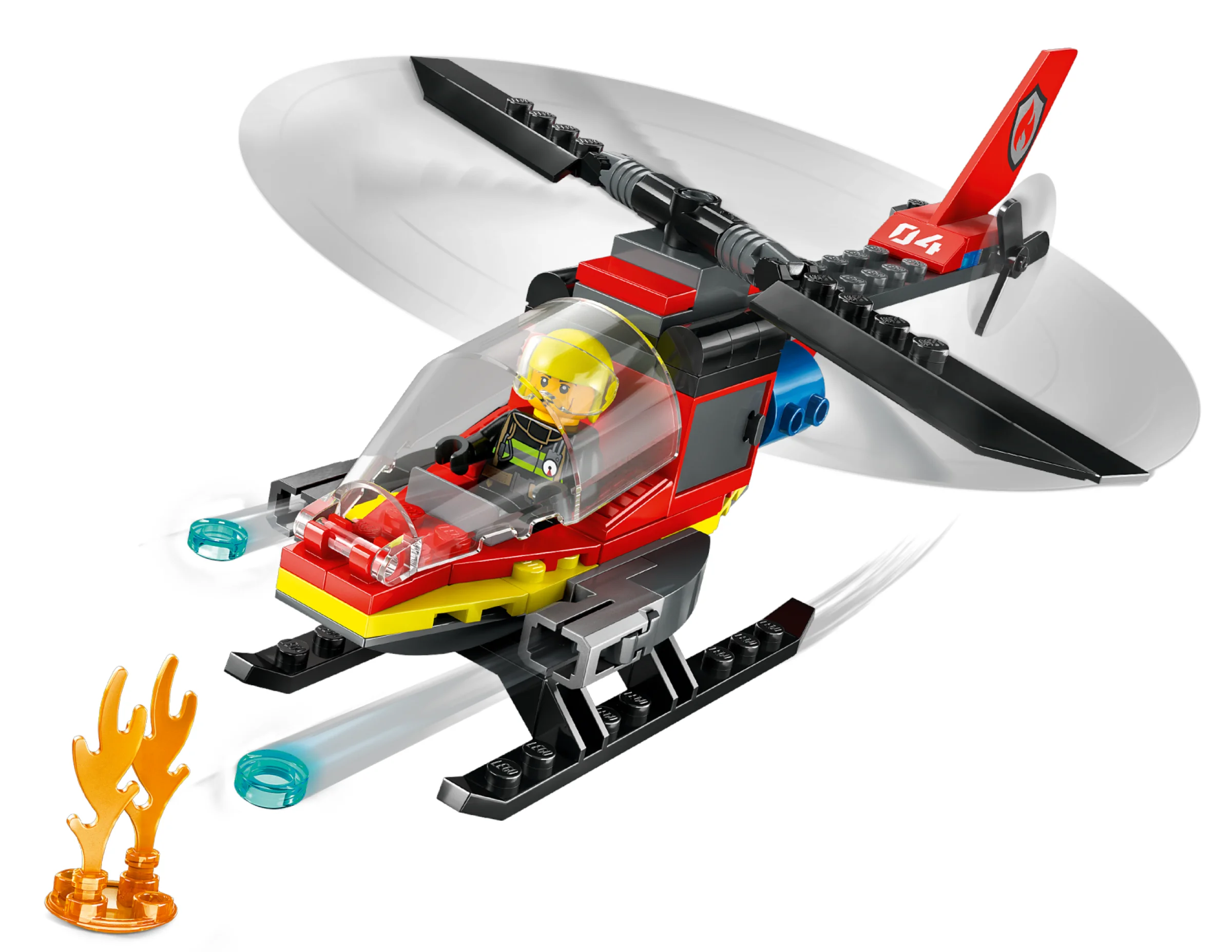 Elicopter de salvare LEGO City 60411 în acțiune, cu rotor rotativ și lansator de apă funcțional.