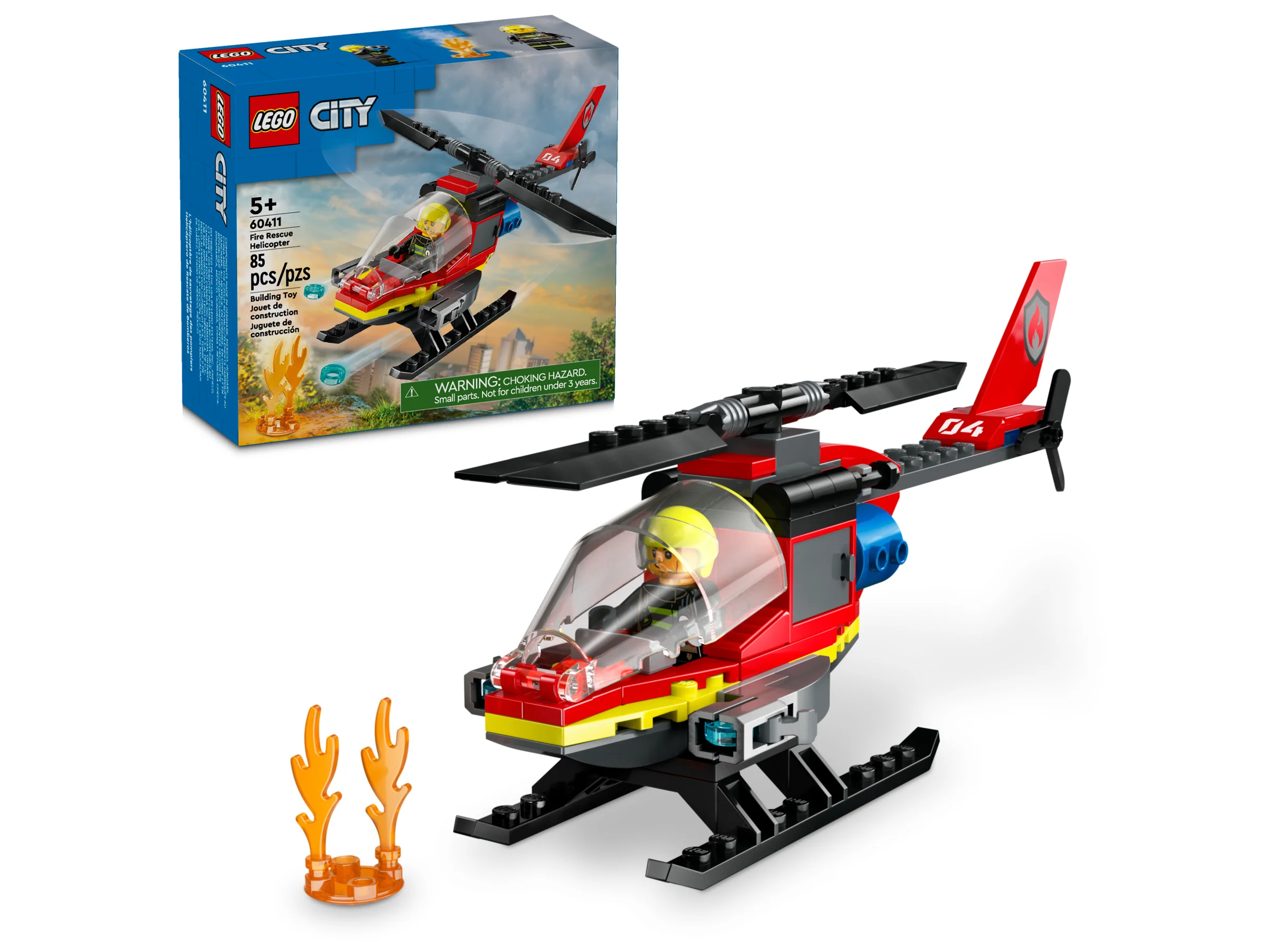 Imagine cu elicopterul de salvare LEGO City 60411 și cutia sa. Ideal pentru prezentare.