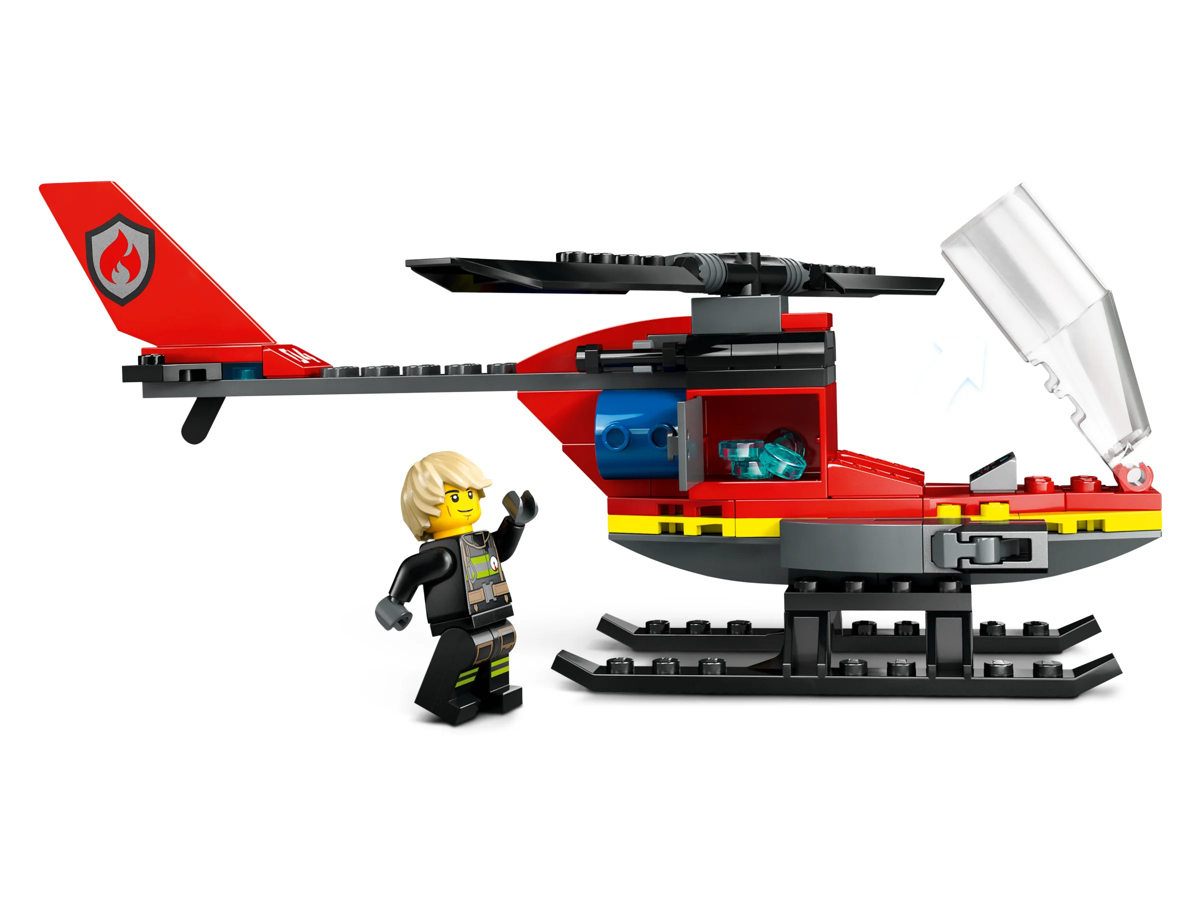Elicopterul de salvare al pompierilor LEGO City, cu o minifigurină pompier. Gata de intervenție!