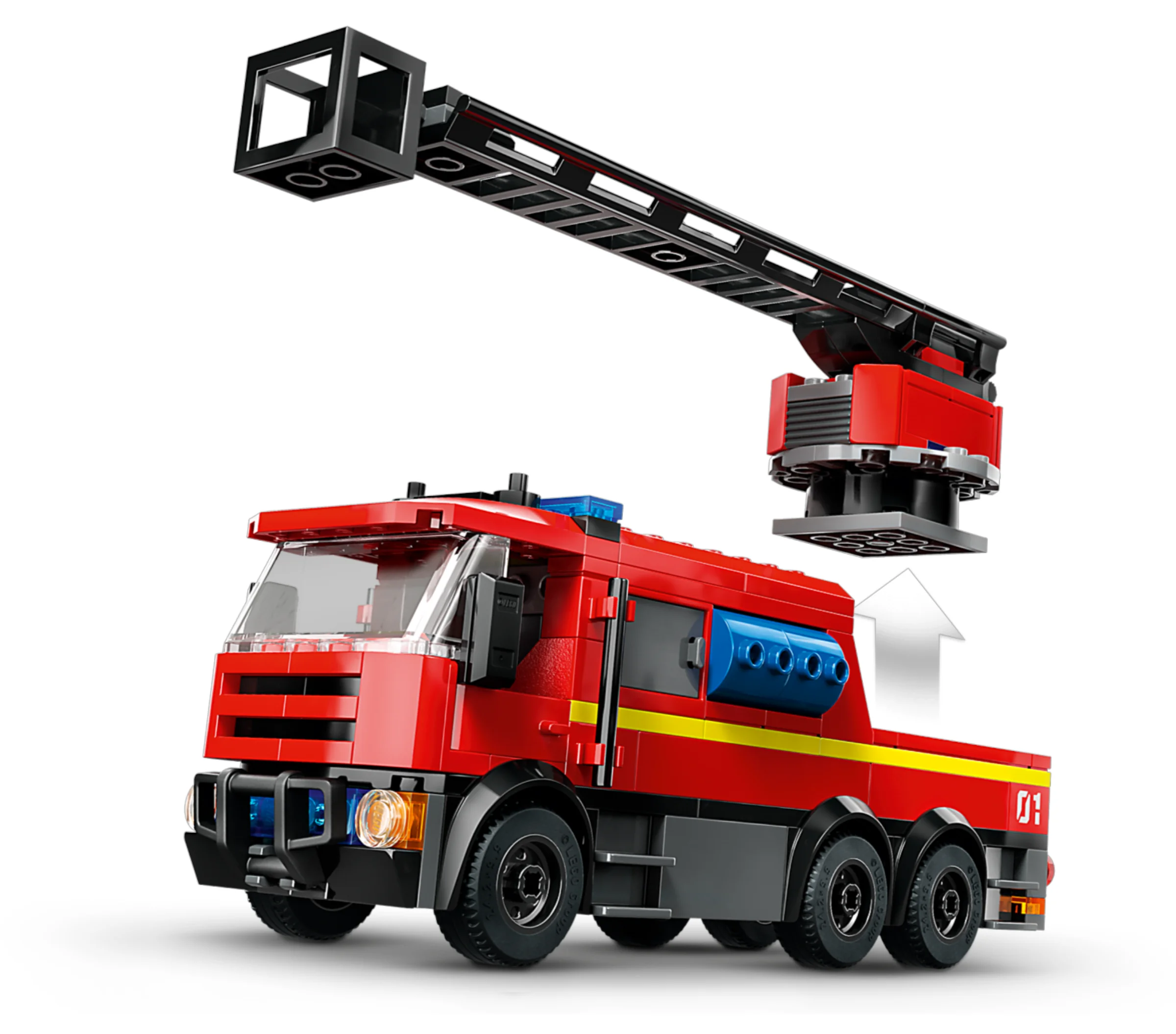 Camion de pompieri roșu cu scară extensibilă, detaliat și realist.