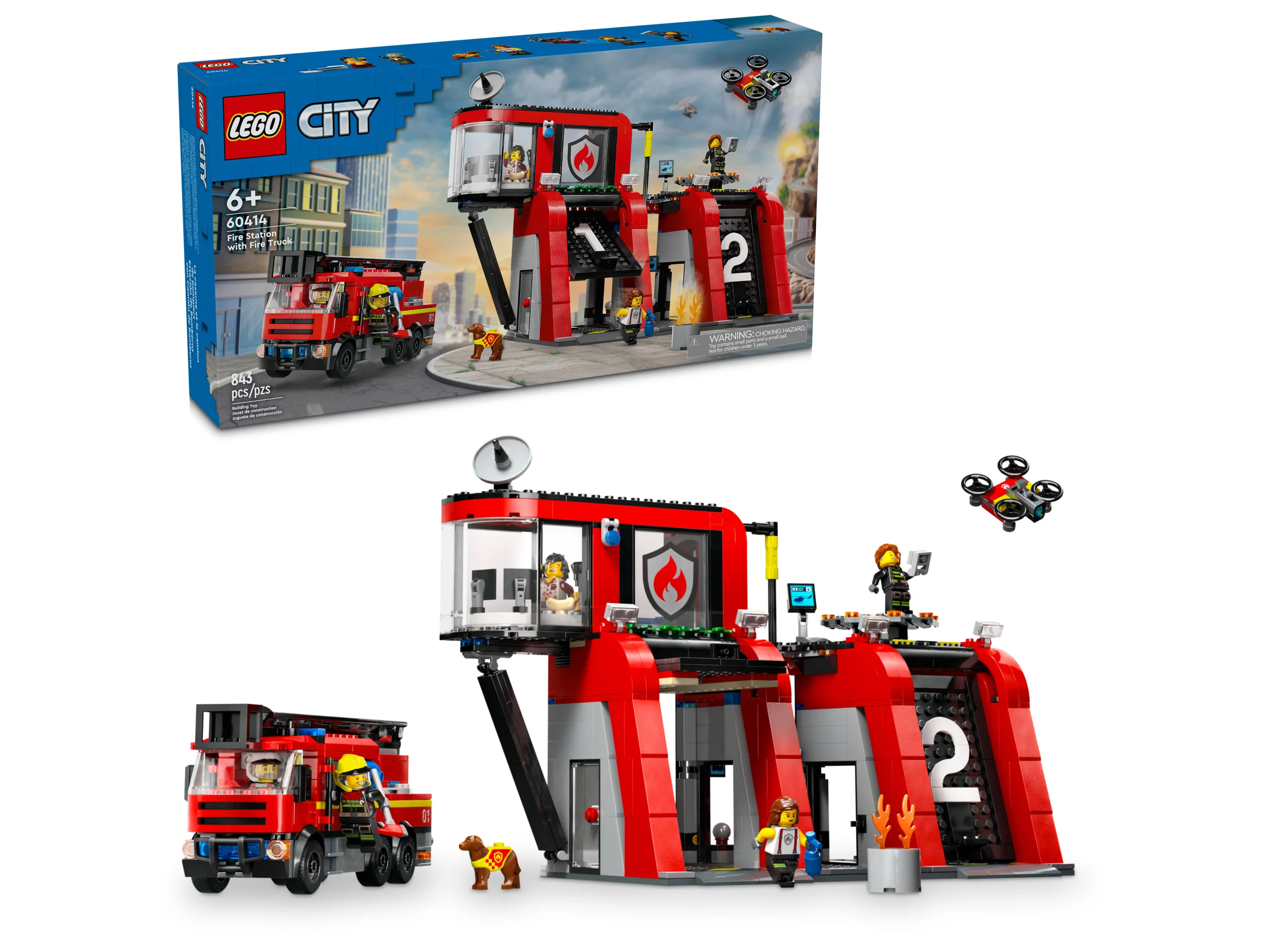 Imagine cu setul LEGO City 60414, Stație de Pompieri cu Camion, prezentând cutia și modelul asamblat.