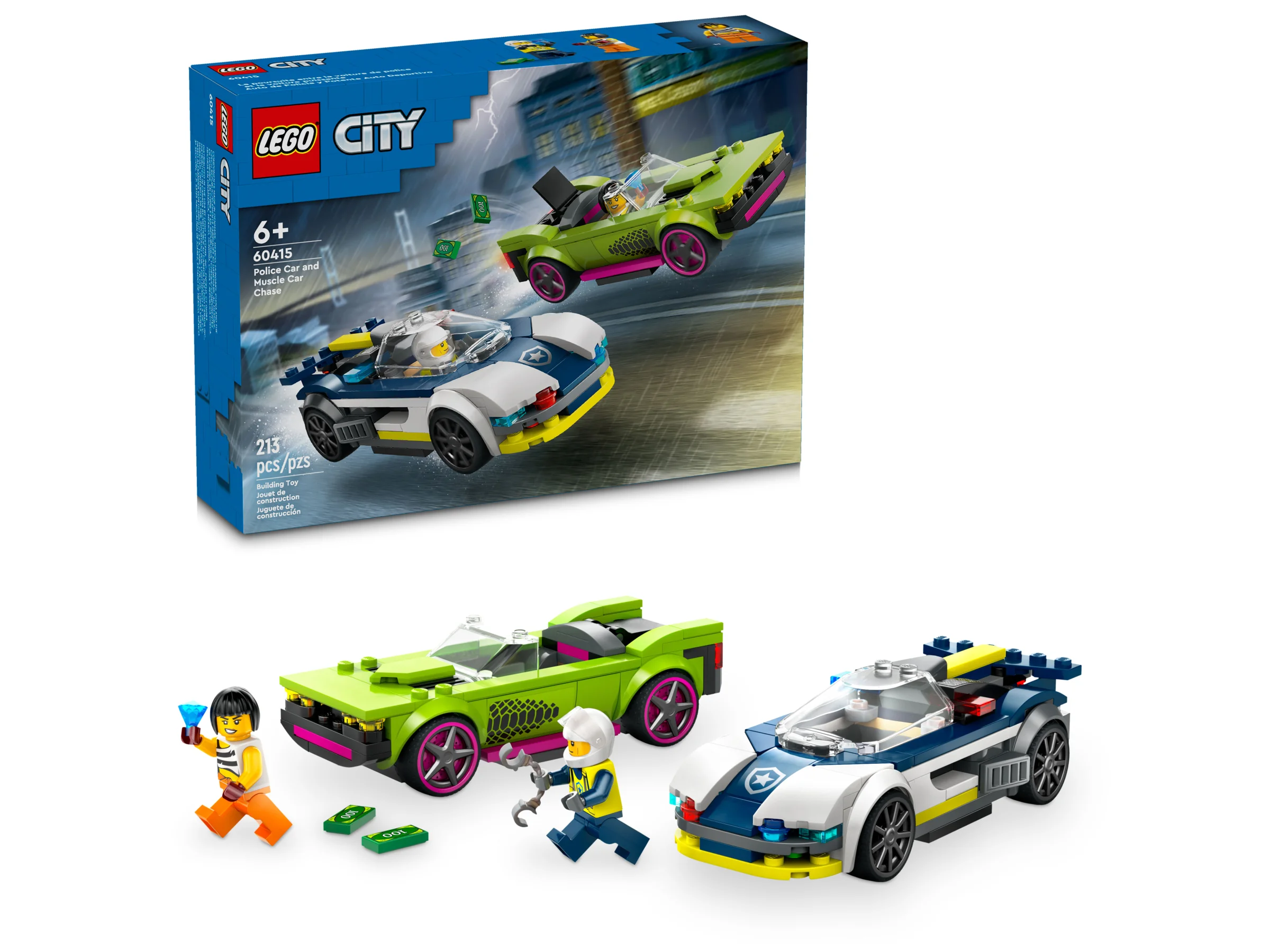 Imagine cu setul LEGO City 60415, ce include mașina de poliție, mașina muscle car și minifigurine.