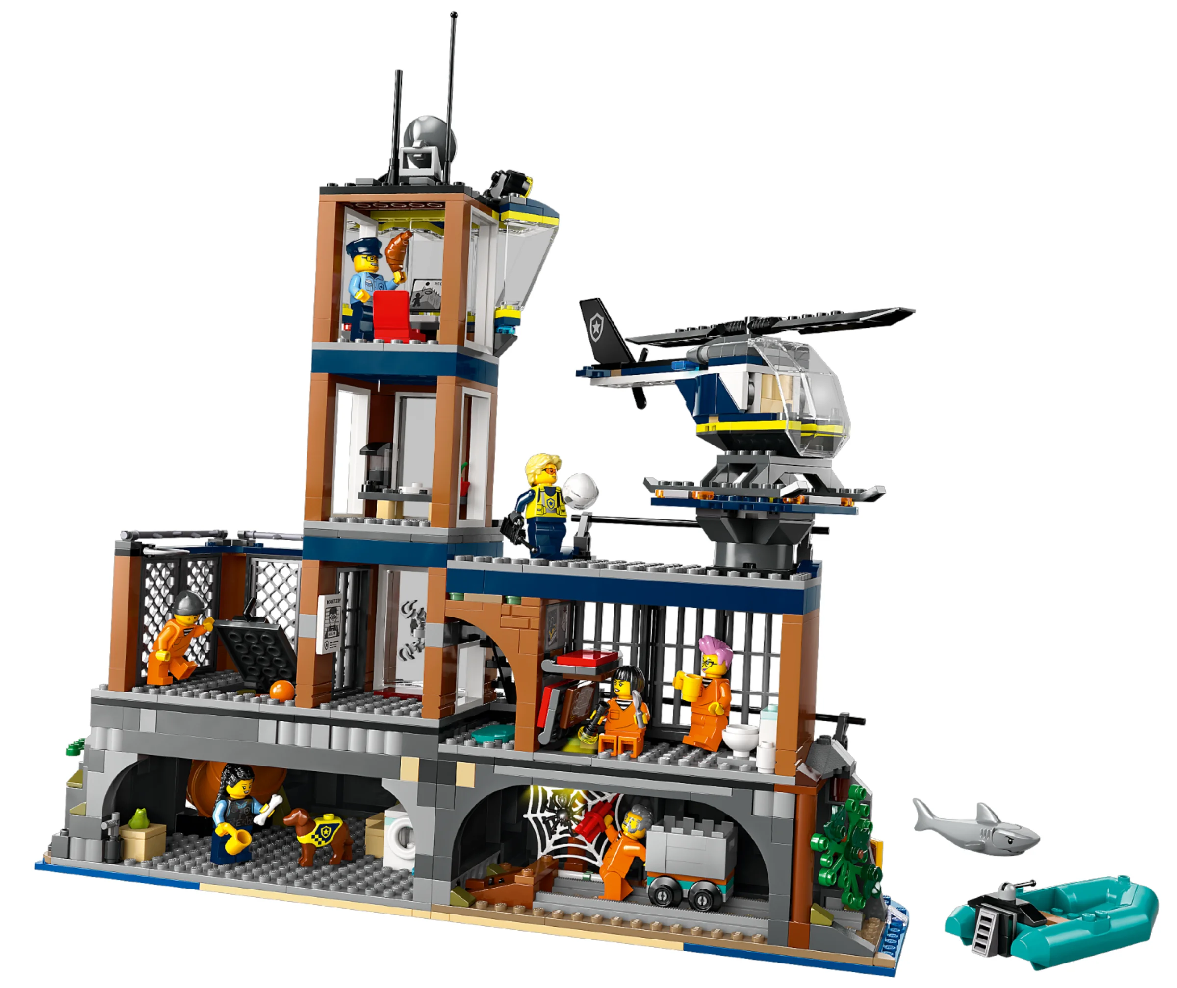 Imagine cu închisoarea LEGO City, detaliată, cu minifigurine și elicopter.