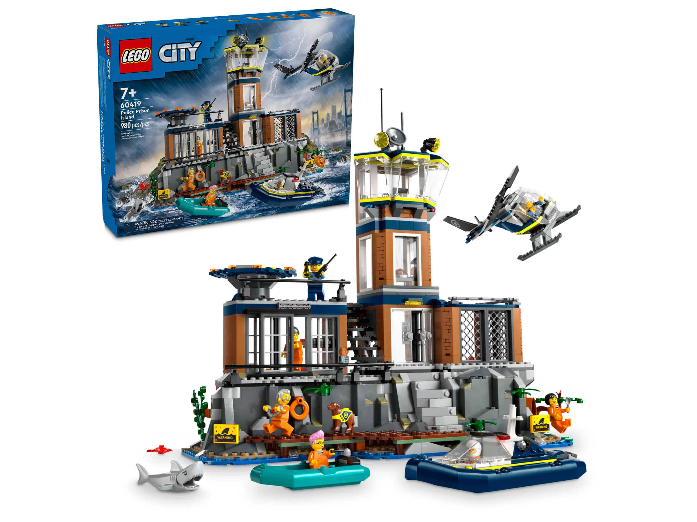 Imagine cu setul LEGO City 60419, Insula Închisoare de Poliție. Prezintă modelul și cutia.