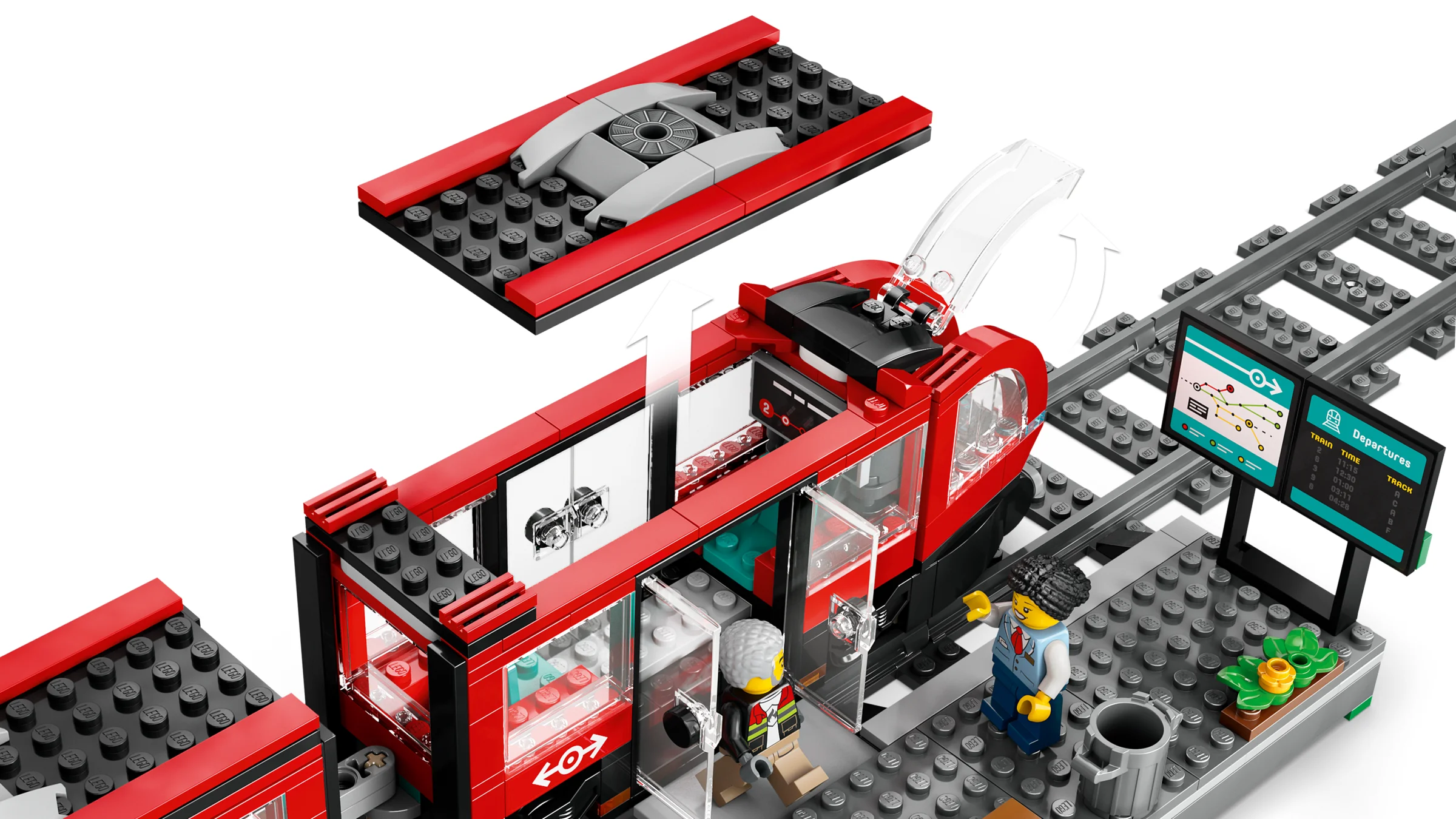 Imagine cu tramvaiul LEGO City 60423, detaliind funcțiile și minifigurinele incluse.