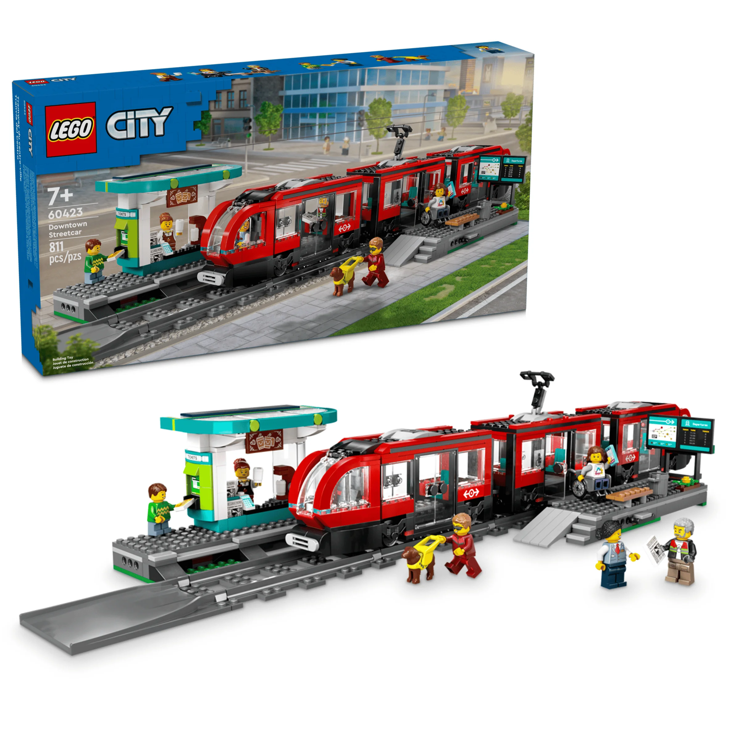 Imagine cu tramvaiul LEGO City 60423 și stația de tramvai. Se vede și cutia produsului.