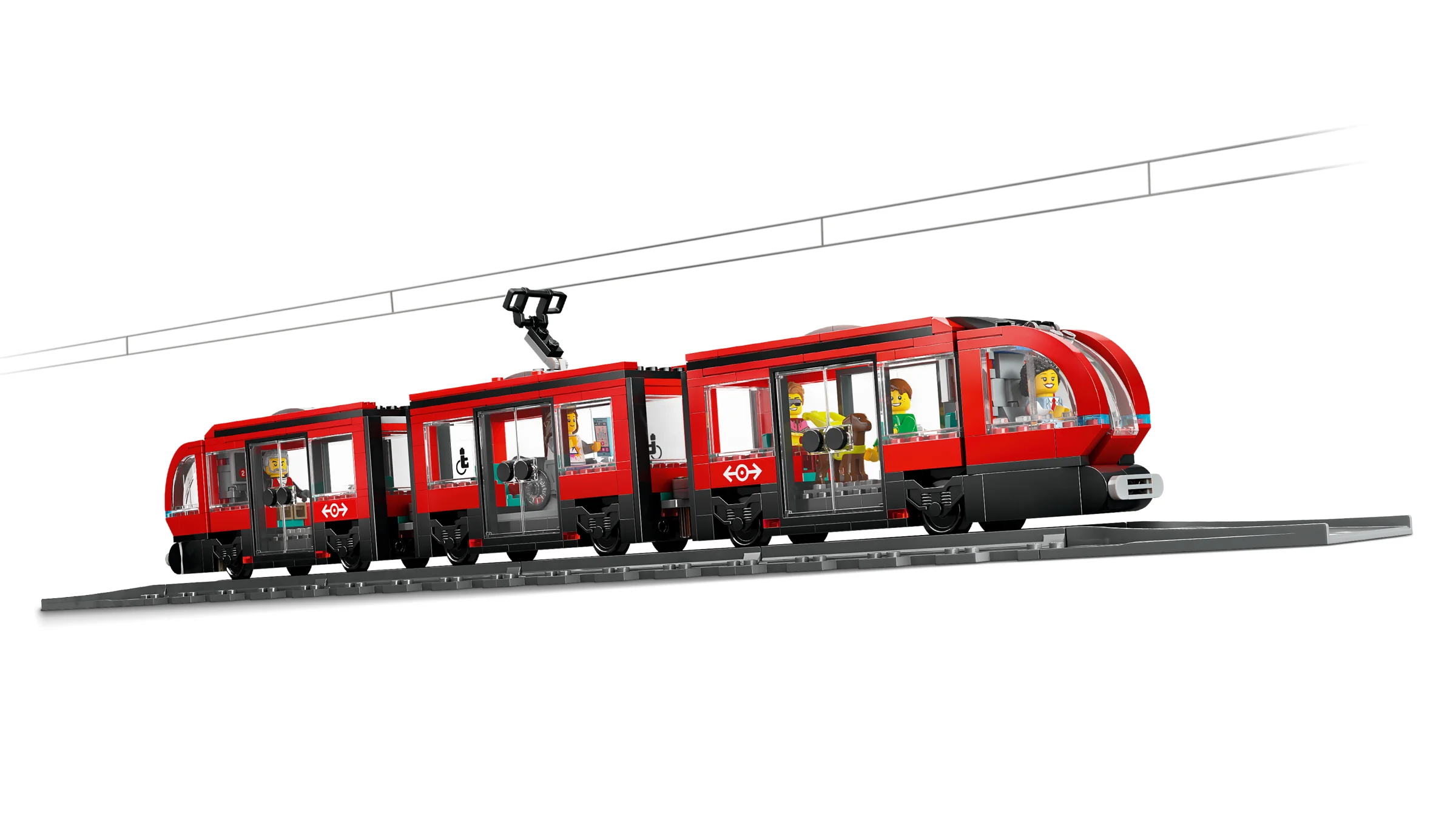 Tramvaiul roșu LEGO City 60423 cu pasageri și șine. Model detaliat și atractiv.