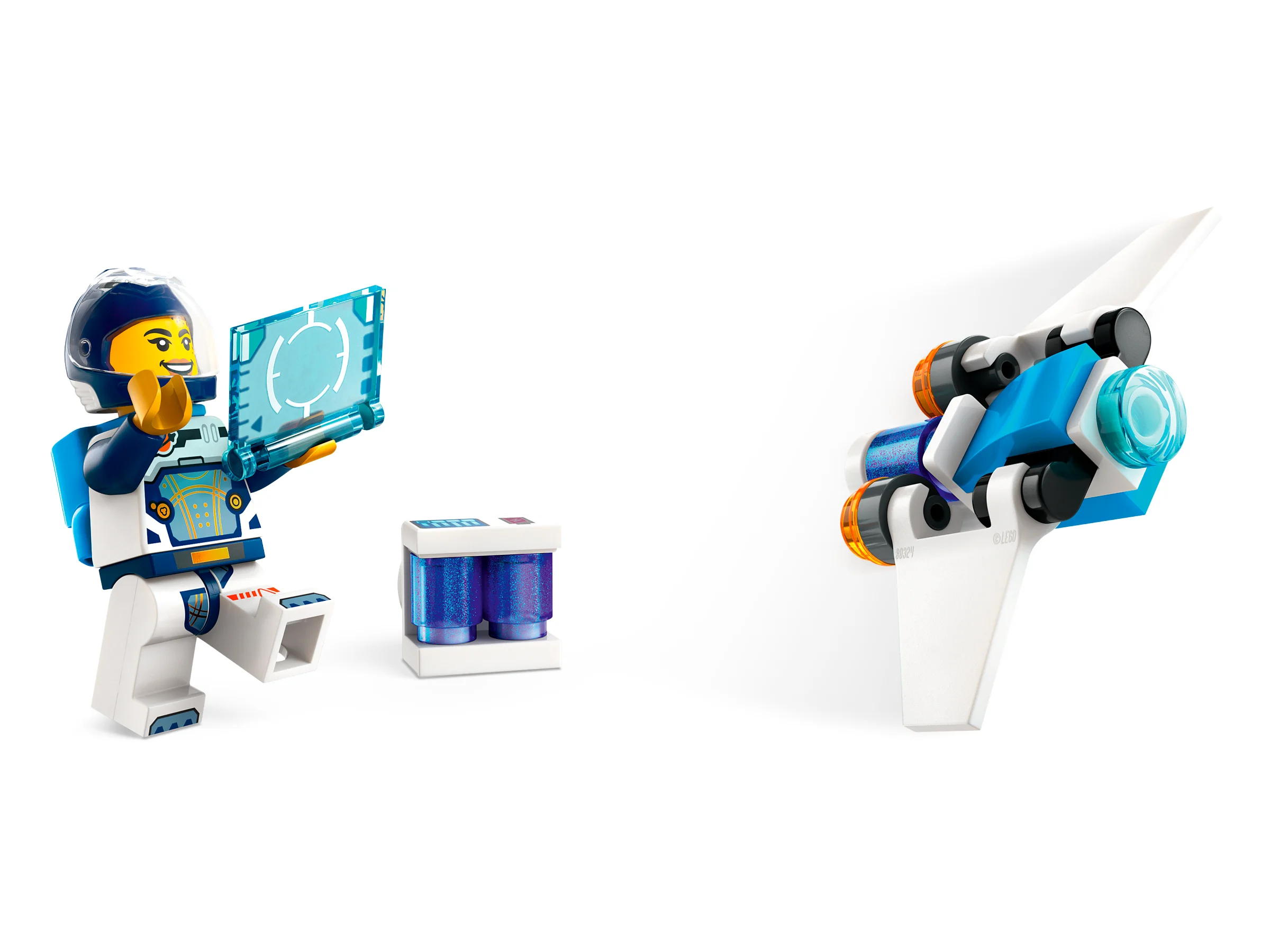 Astronaut LEGO cu tabletă și navă spațială. Explorare interstelară, aventură fantastică.