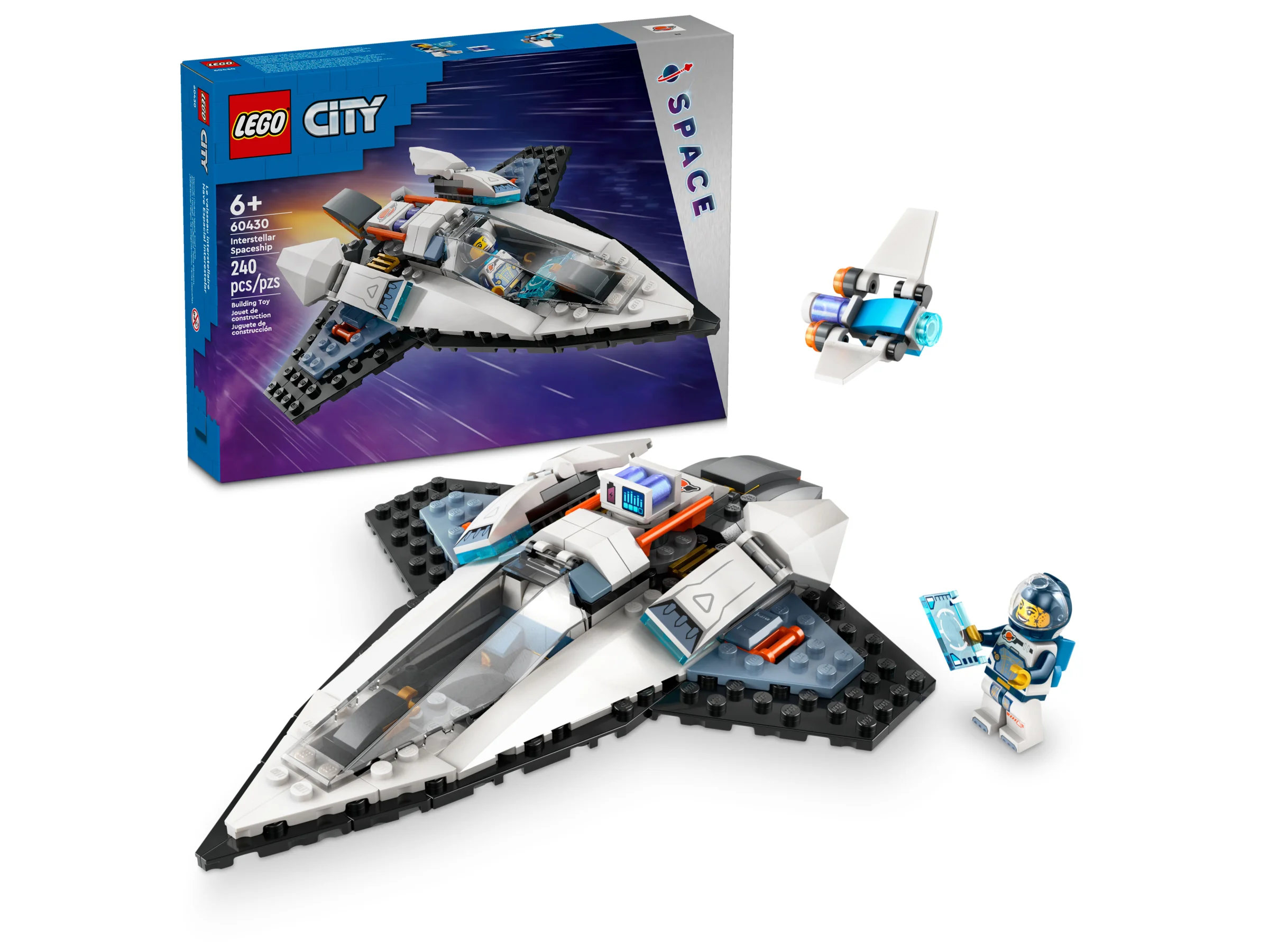 Imagine cu nava spațială LEGO City 60430 și minifigurina astronaut. Setul include și un mic vehicul spațial.