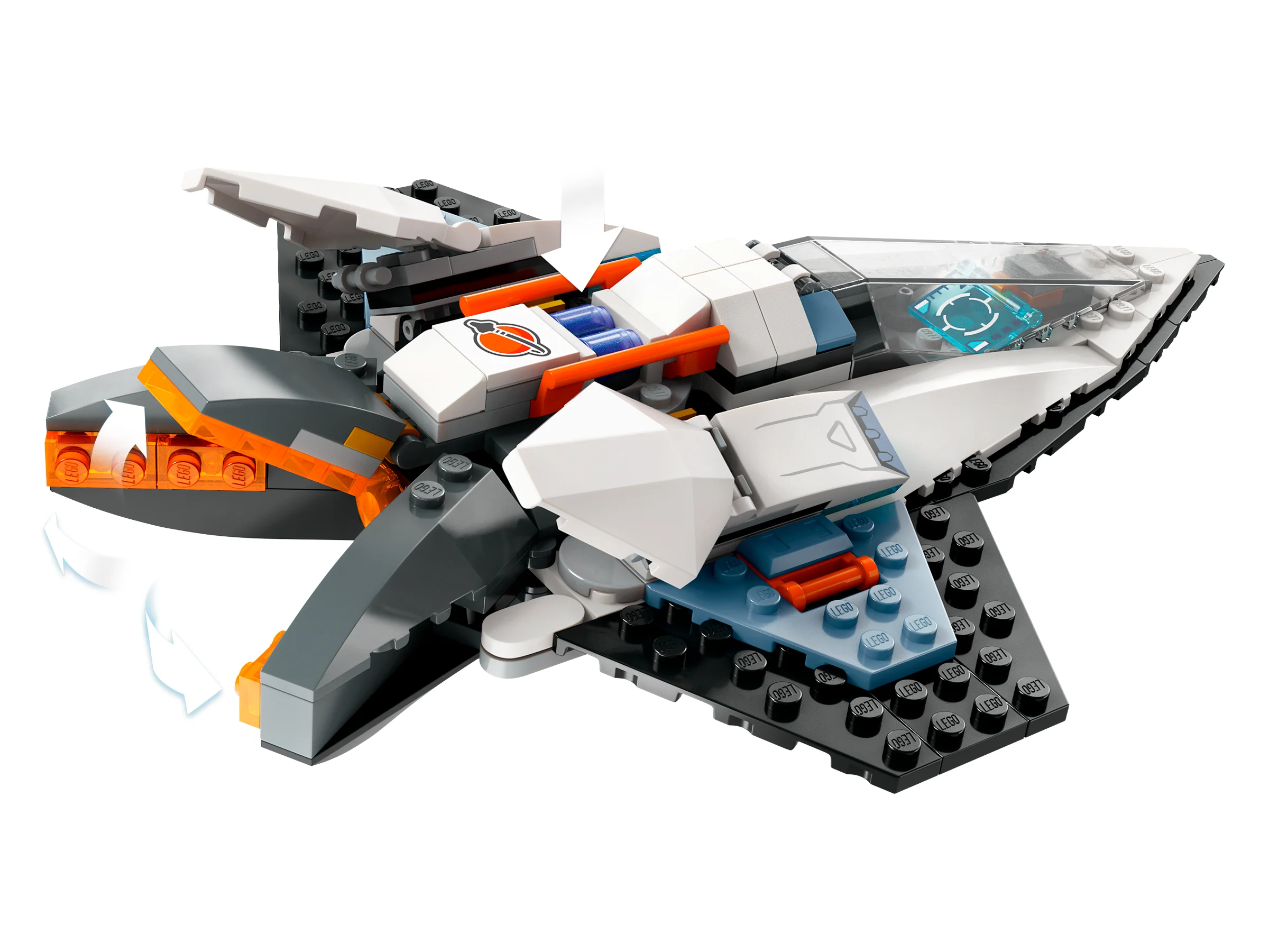 Navă spațială futuristă LEGO City, cu detalii alb, gri și portocaliu. Detalii interesante și design atrăgător.