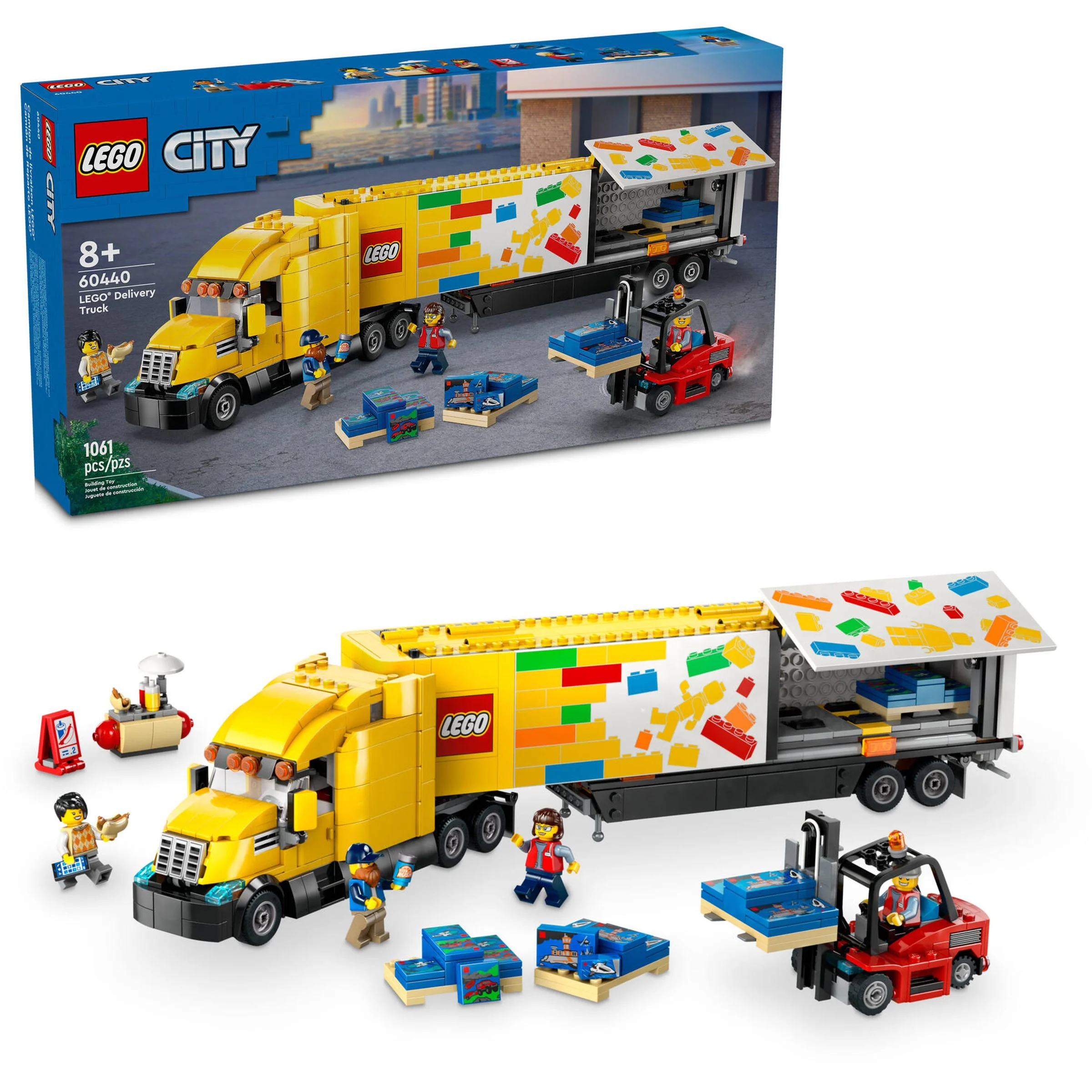 Imagine cu camionul LEGO® de livrare (60440) și cutia setului. Designul include grafică viu colorată.