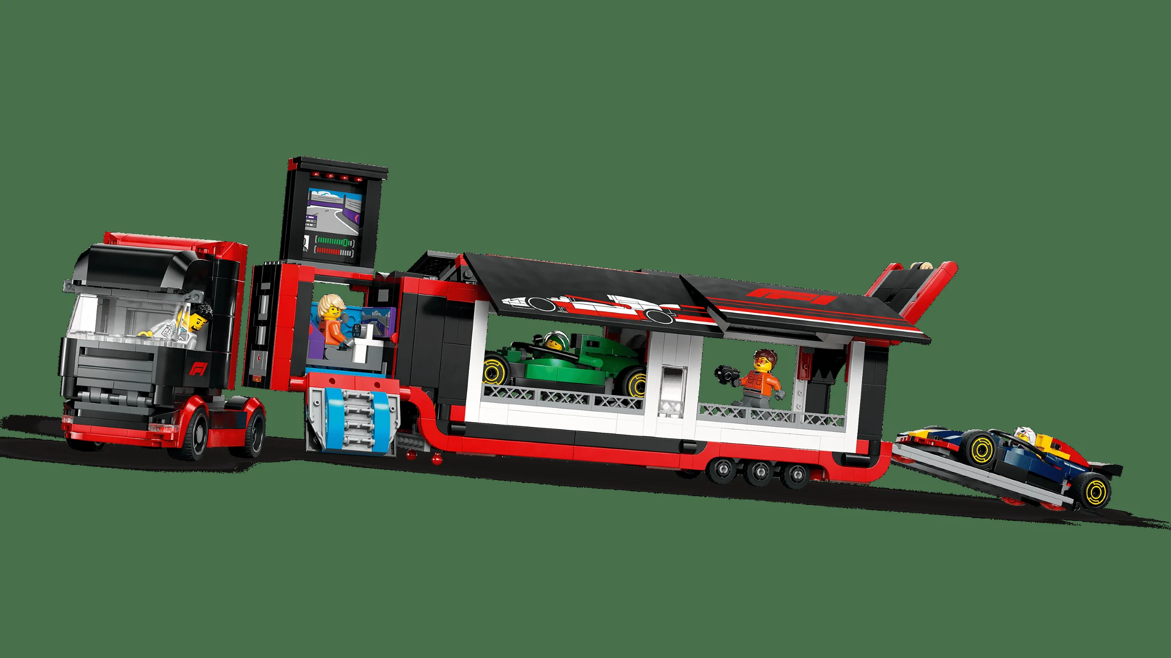 Camion F1 cu mașini RB20 și AMR24, model detaliat. Include minifigurine și funcții interactive.